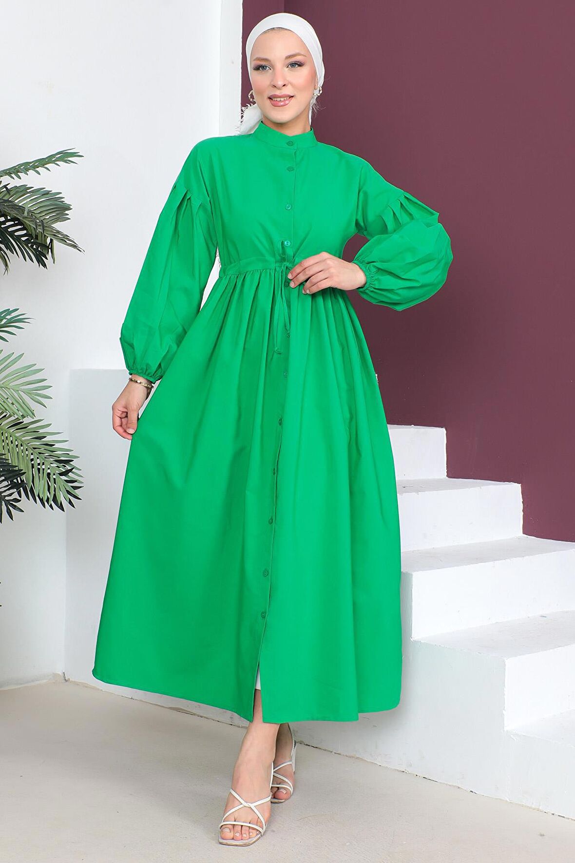 Boydan Düğmeli Balon Kol Elbise Yeşil