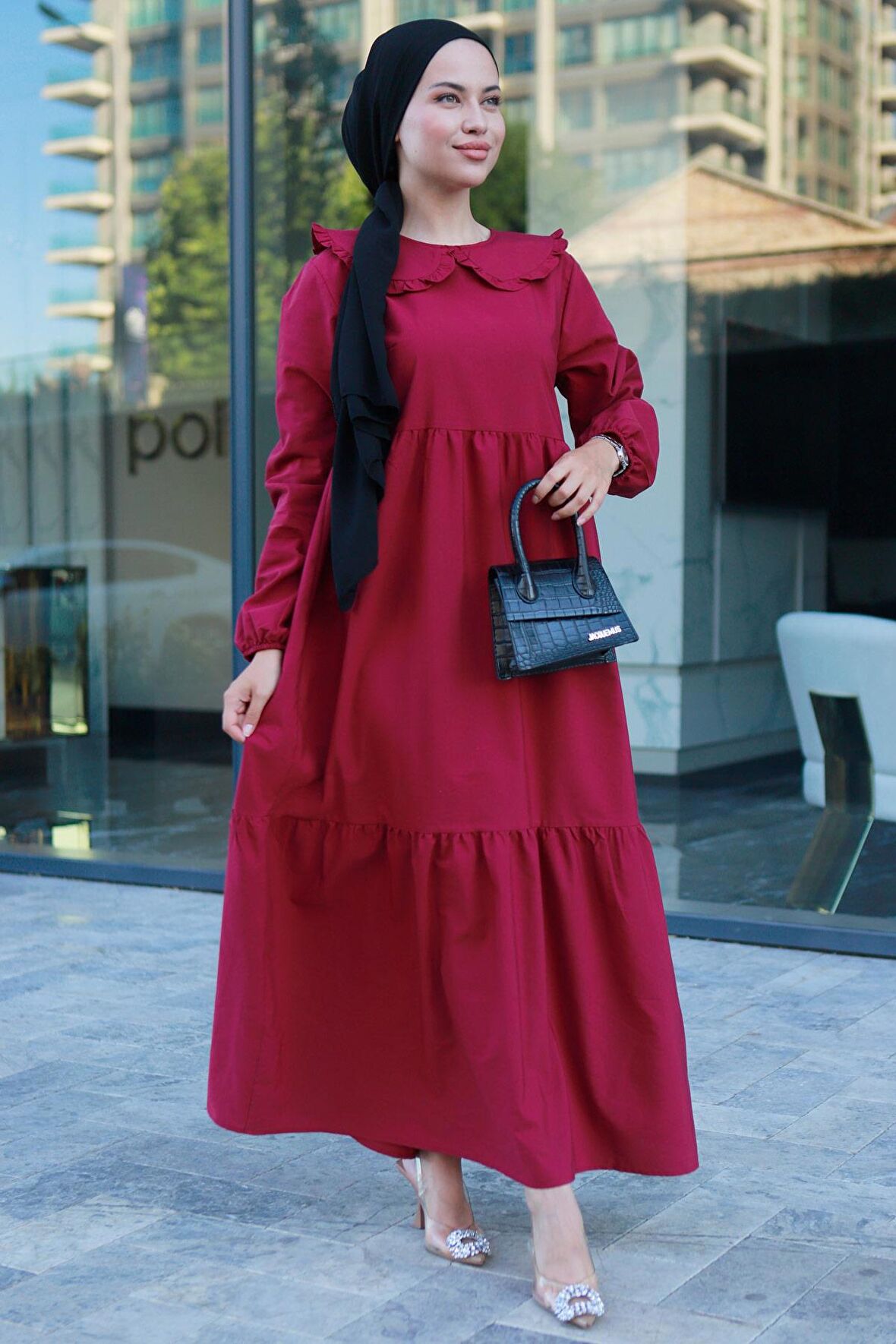 Bebe Yaka Tesettür Elbise Bordo HM2080