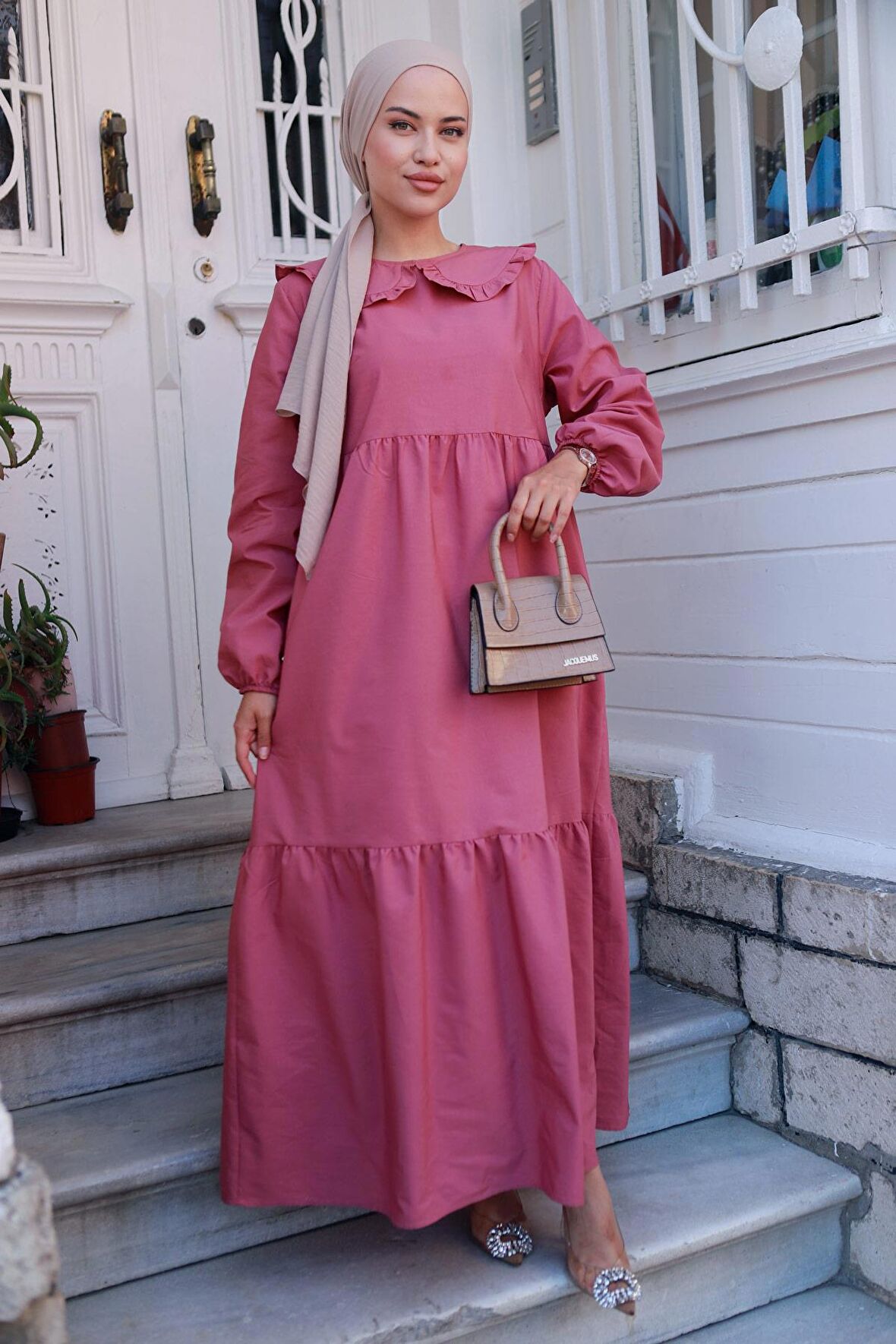 Bebe Yaka Tesettür Elbise Gül Kurusu HM2080