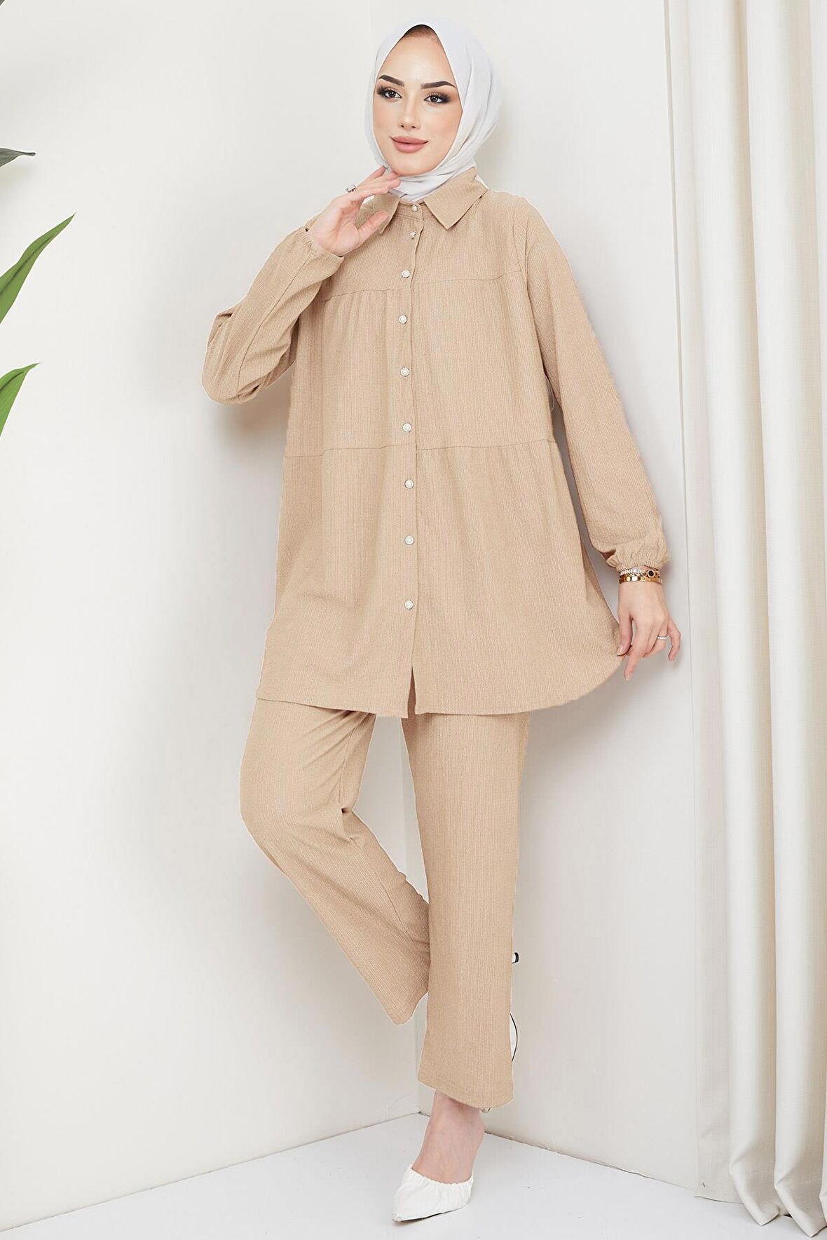 Kat Gömlekli Bürümcük İkili Takım Bej HM2131