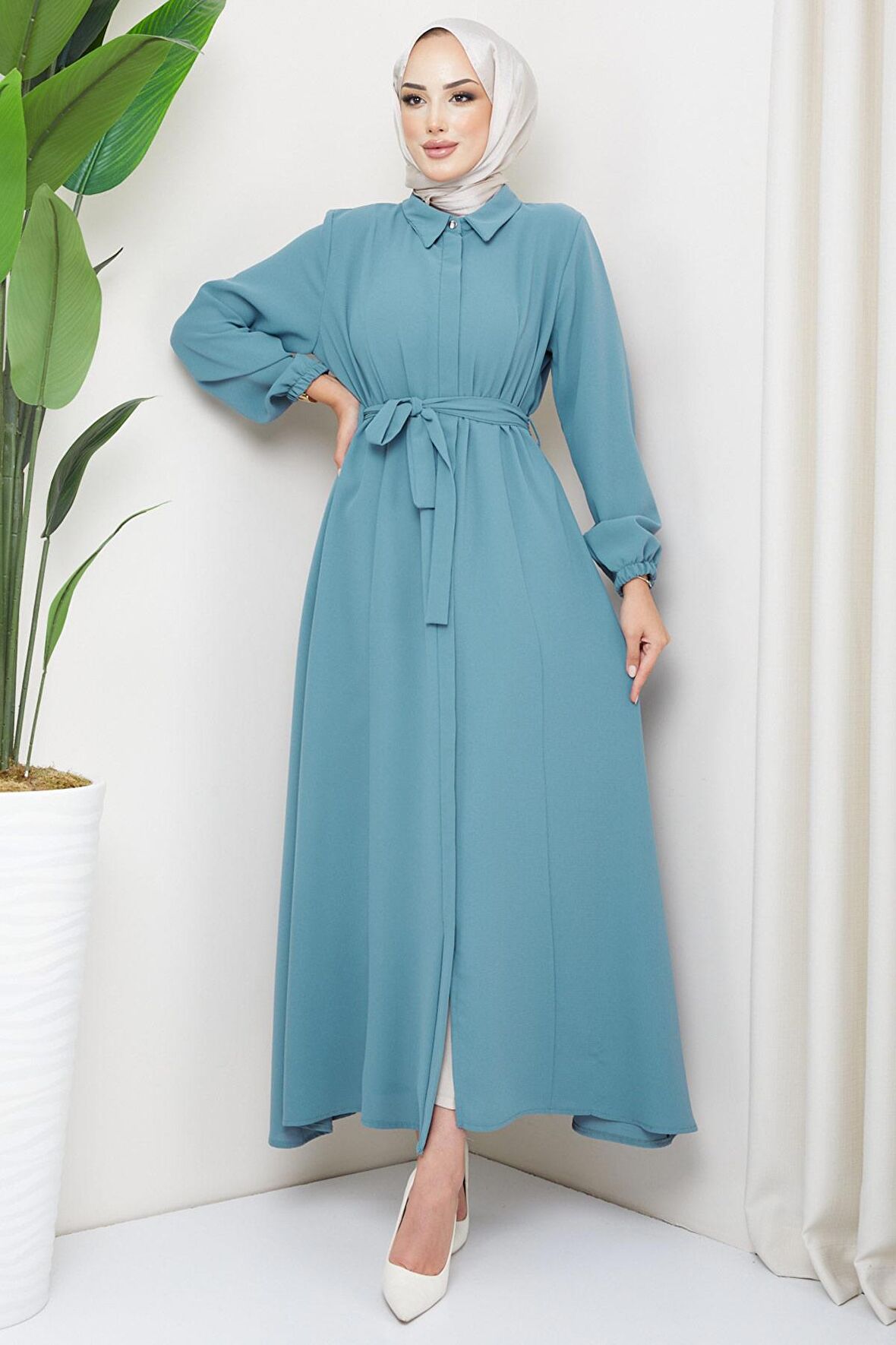 Gömlek Yaka Kuşaklı Ferace Mint HM2253