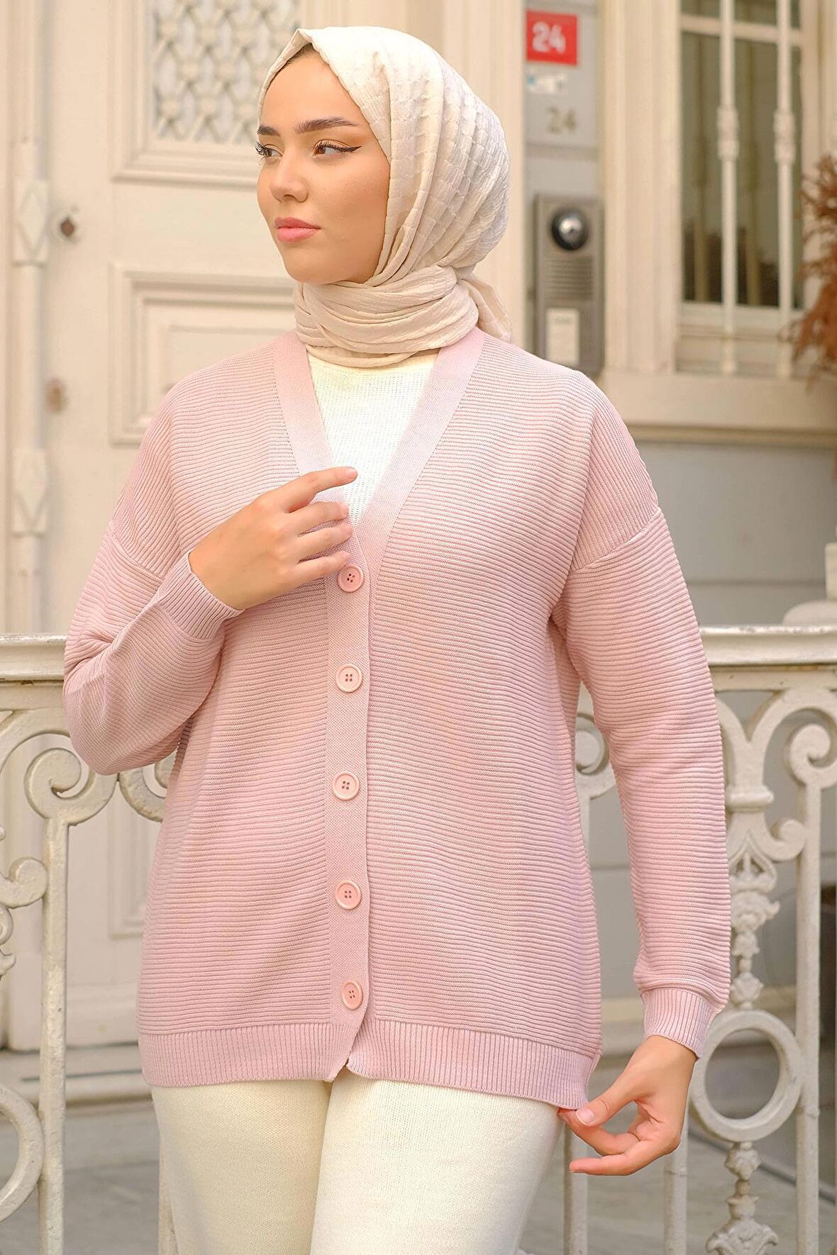 Düğmeli Triko Hırka Pudra HM2229