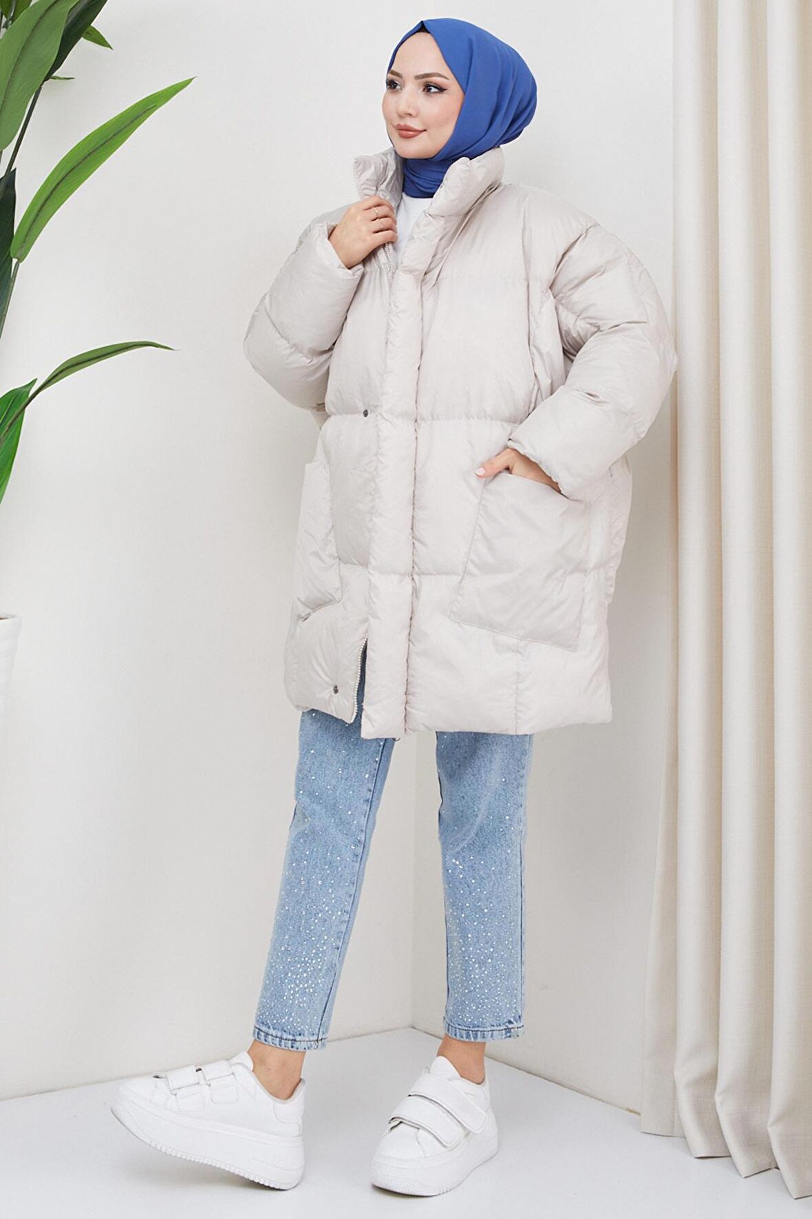 Oversize Torba Cep Şişme Mont Ekru HM2317