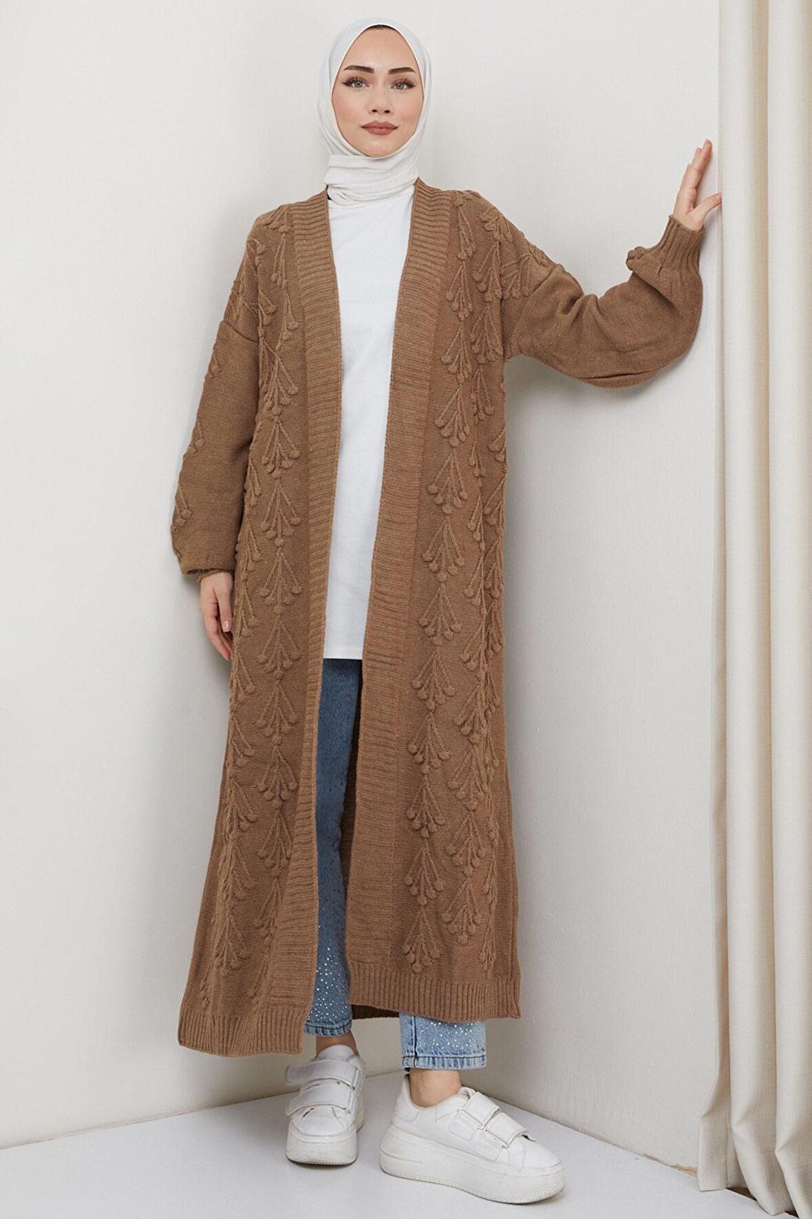 Kiraz Desenli Uzun Triko Hırka Camel HM2334