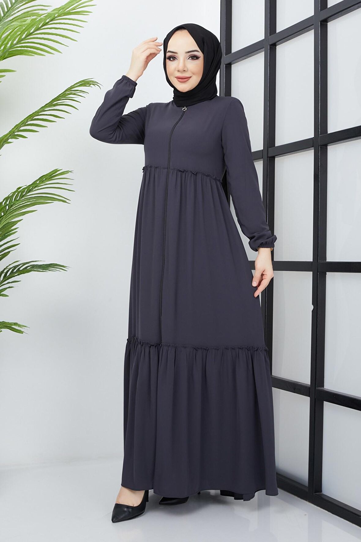 Büzgü Detaylı Antrasit Ferace 
