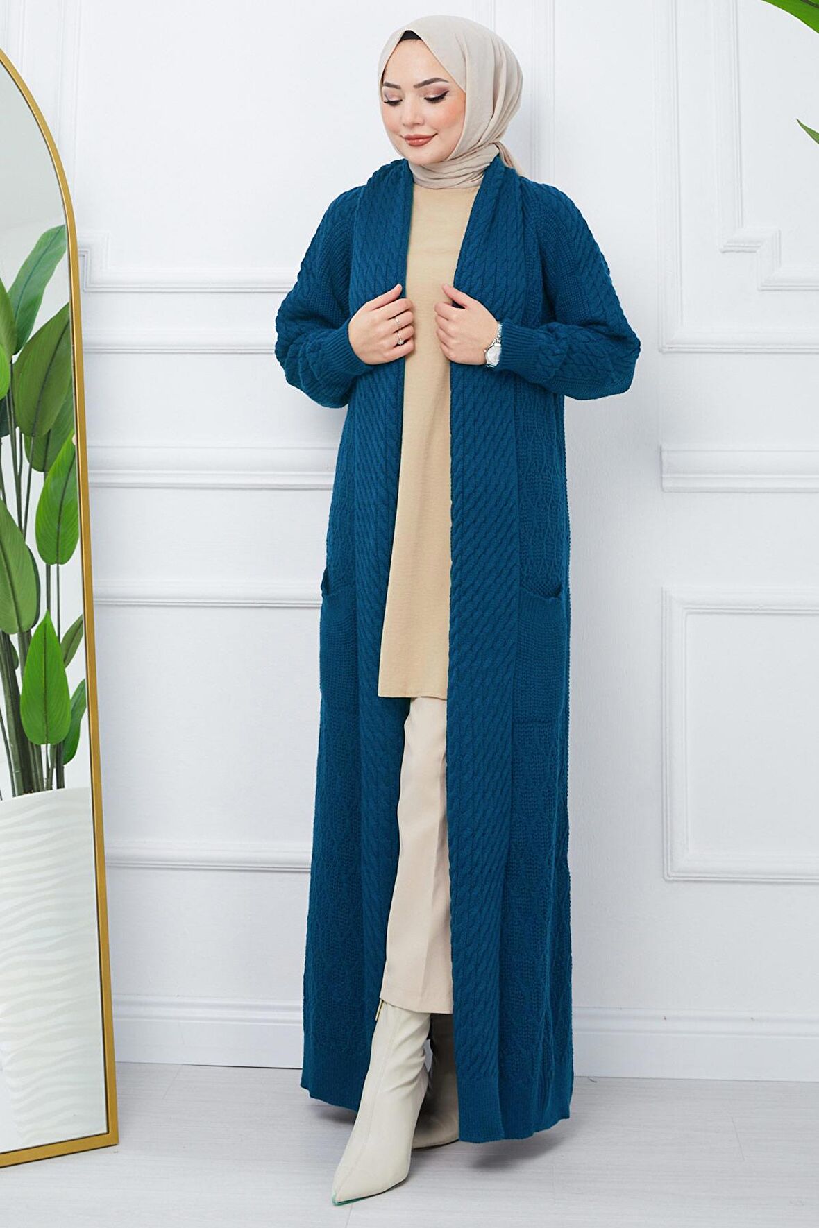 Şal Yaka Salaş Triko Hırka Petrol HM2248