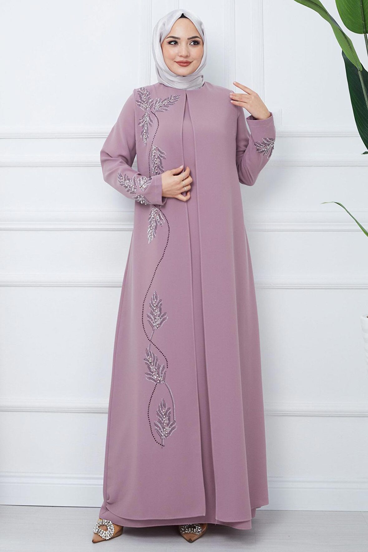 Büyük Beden Yaprak Taşlı Anne Elbisesi Pembe HM2350