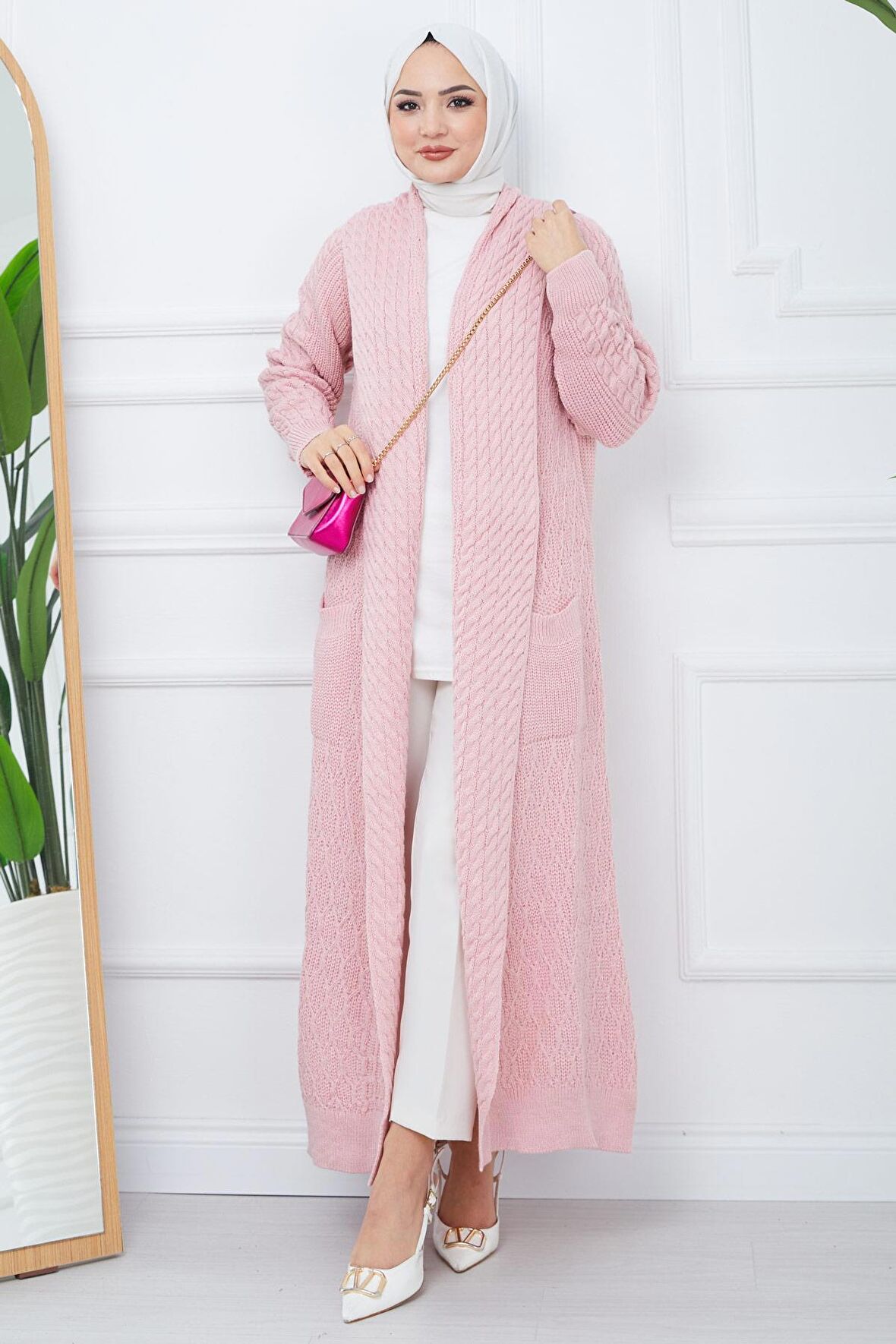 Şal Yaka Salaş Triko Hırka Pembe HM2248