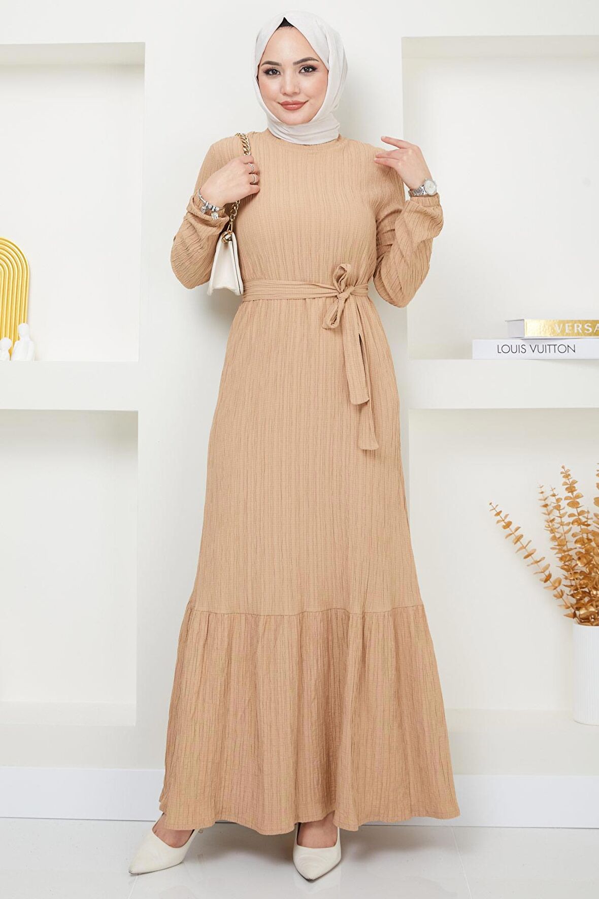 Lara Kuşaklı Elbise Bej HM2371