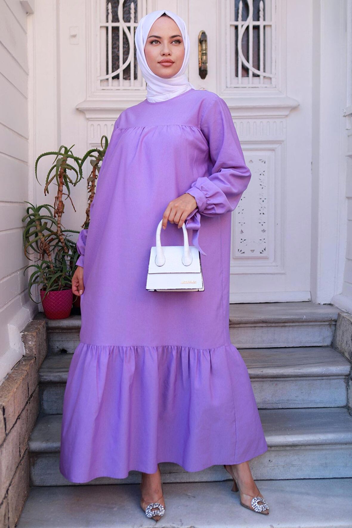 Robalı Kol Ucu Bağlamalı Elbise Lila HM2081