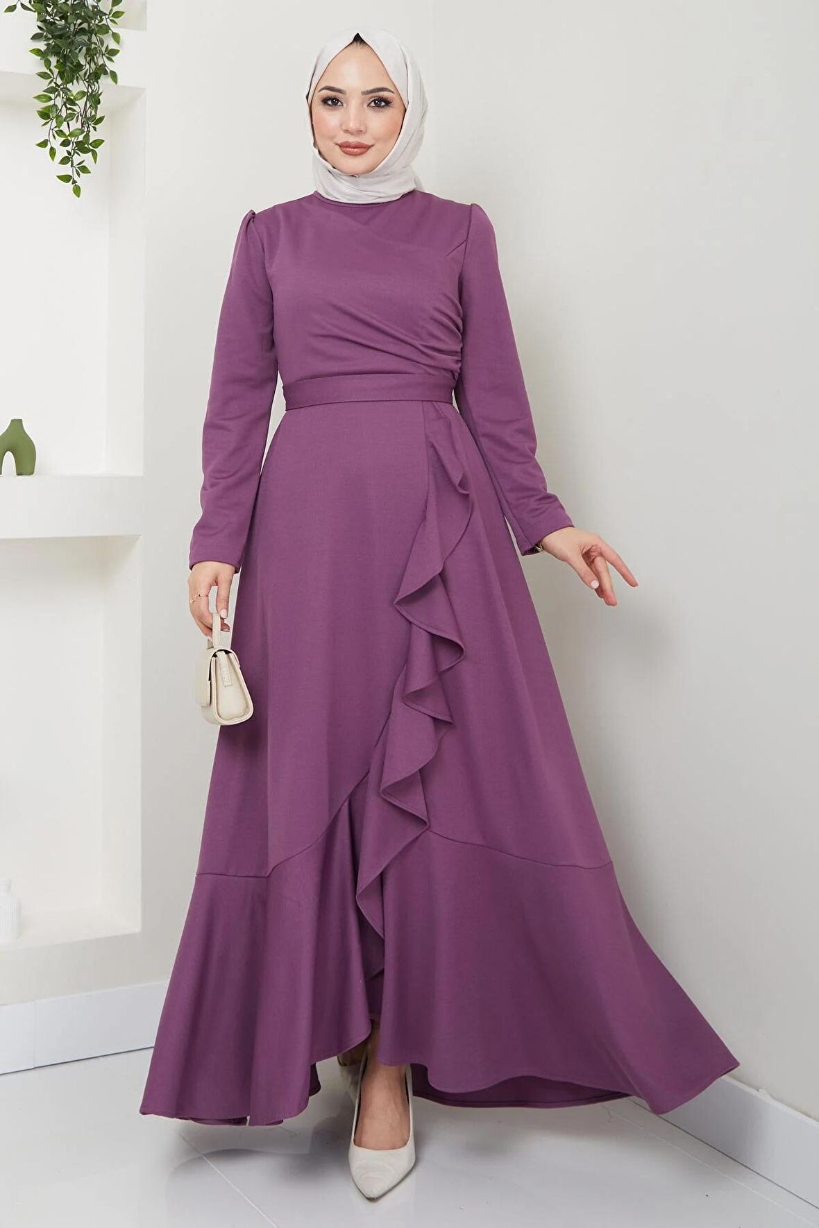 Eteği Fırfırlı Drapeli Elbise Mürdüm HM2419