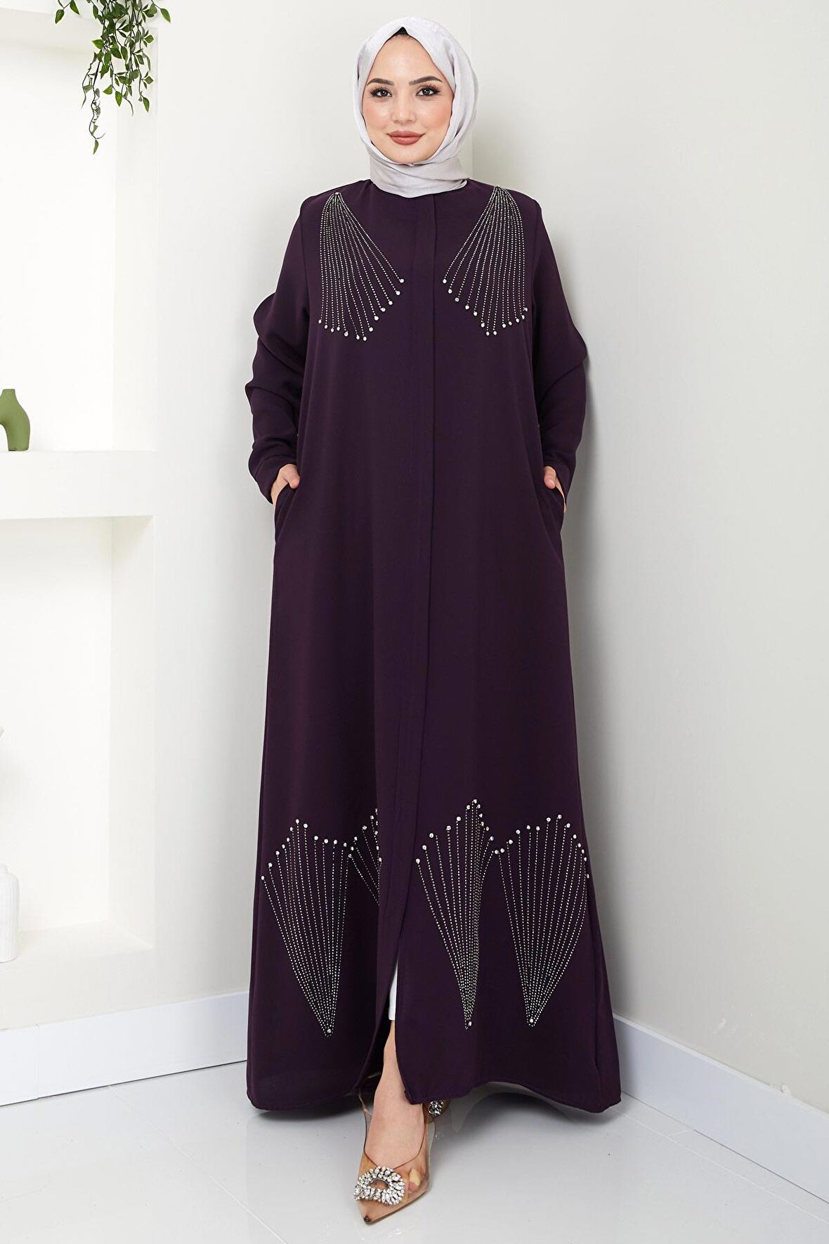 Kristal Taş İşlemeli Ferace Mürdüm HM2423