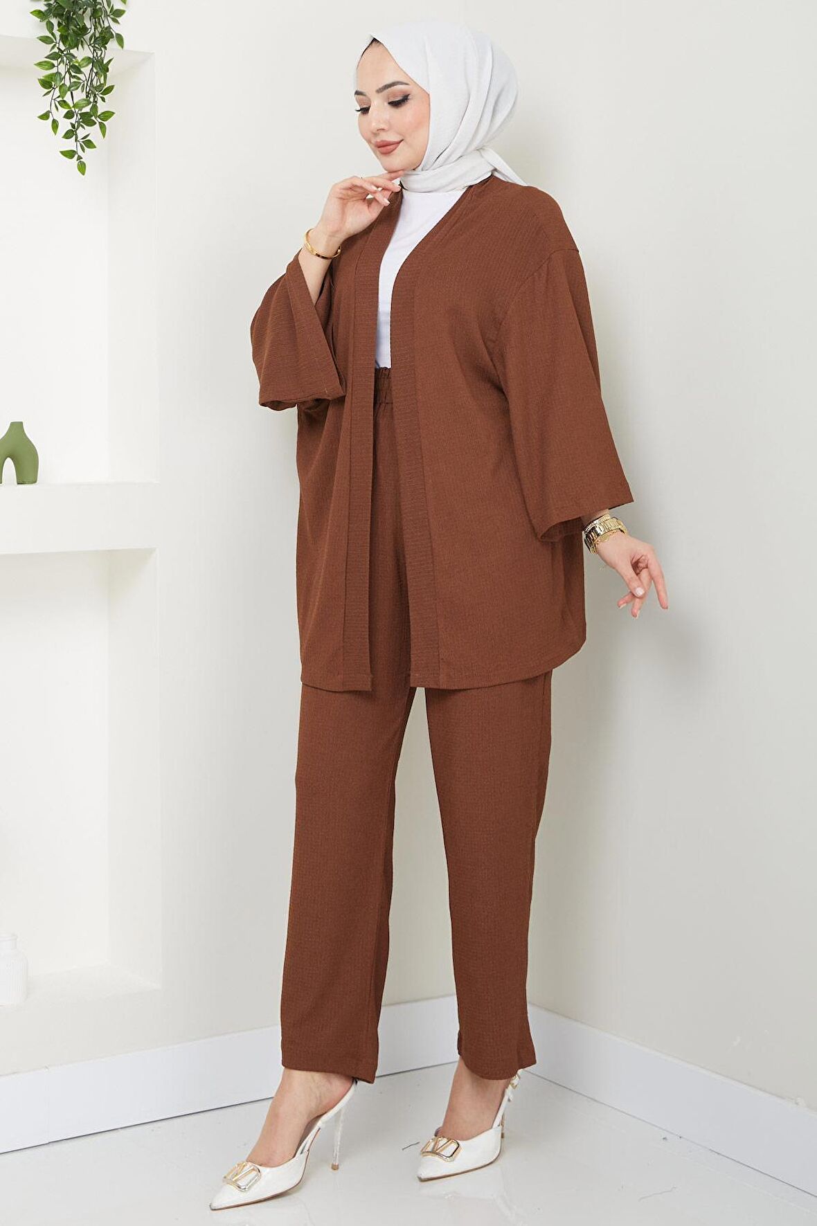 Kimono Pantolon Takım Kahverengi HM2434