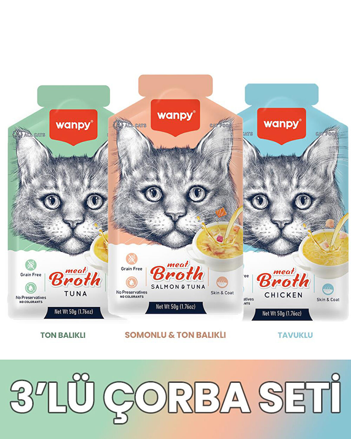 Wanpy Kediler için Çorba Seti 3x50gr (Ton balıklı-Somon,Ton-Tavuklu)