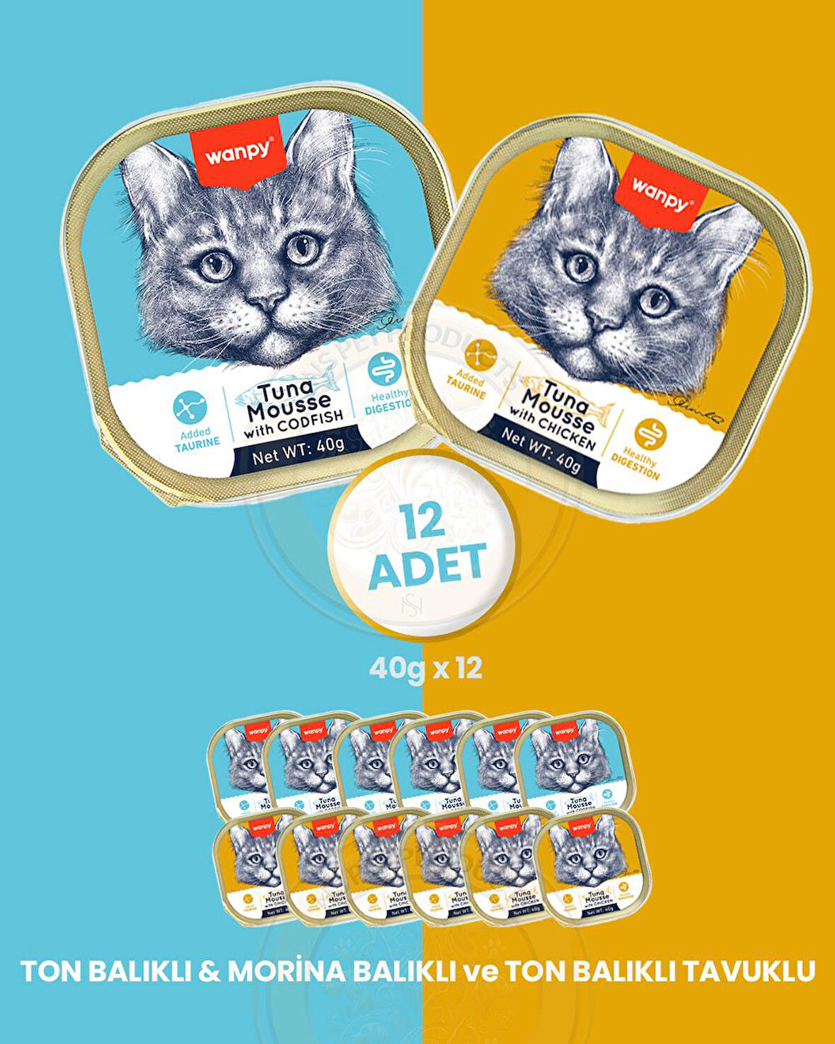 Wanpy Kedi Alutray Yaş Mama 12x40gr (Ton,Morina-Ton,Tavuk)