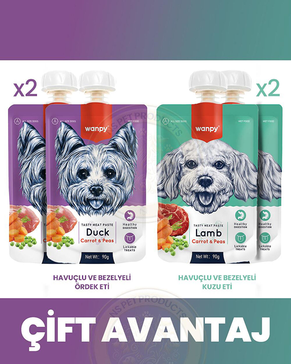 Wanpy Köpek Et Ezmesi 2 Lezzet 4lü Paket 4x90gr (Ördek-Kuzu)