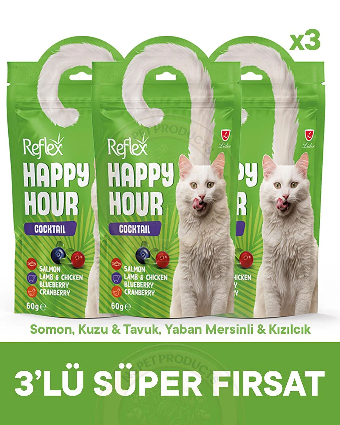 Reflex Happy Hour Cocktail Somon, Kuzu & Tavuk, Yaban Mersinli & Kızılcık 3lü Fırsat 3x60gr