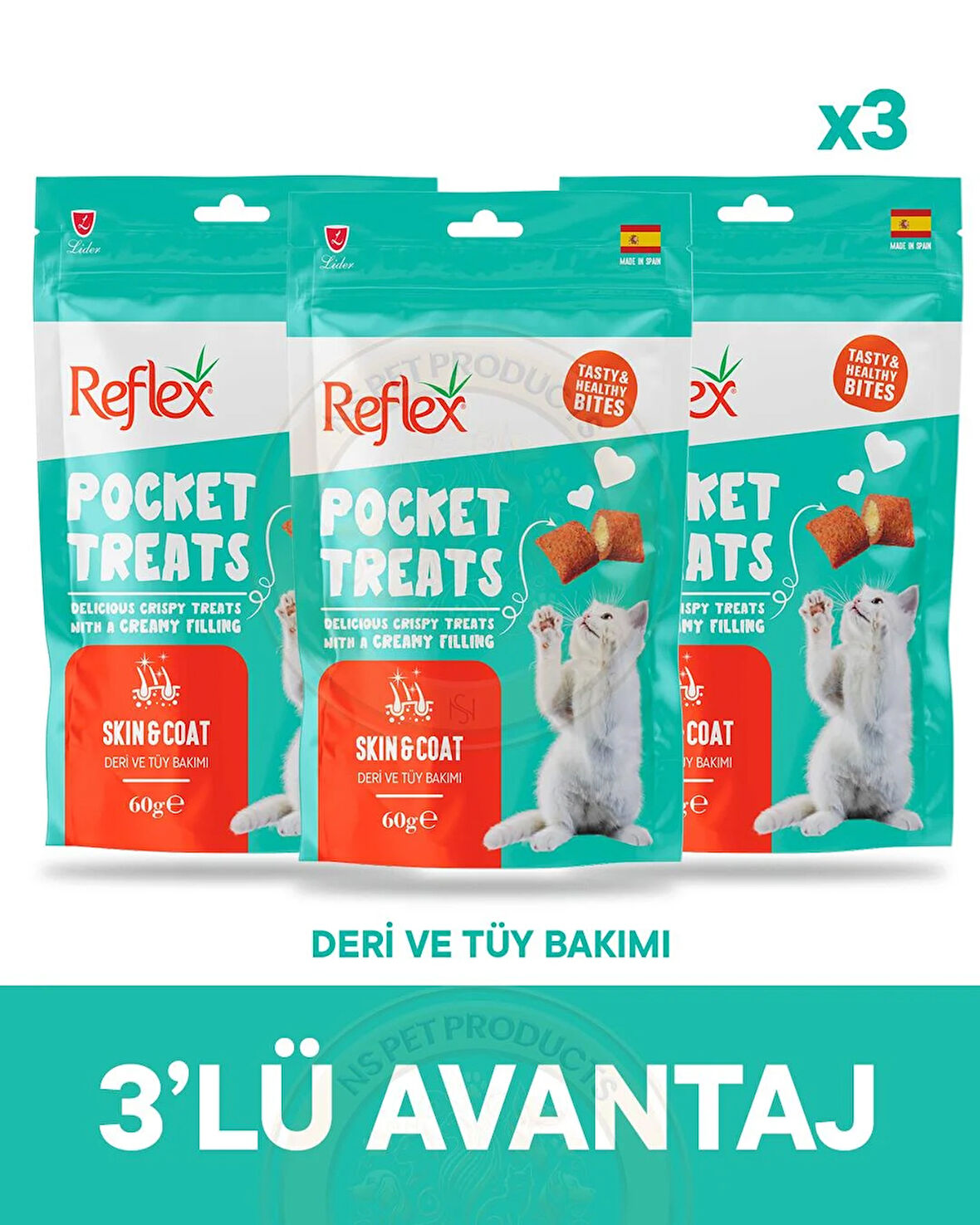 Reflex Pocket Treats Deri ve Tüy Bakımı için Kedi Ödül Maması 3lü Fırsat 3x60gr