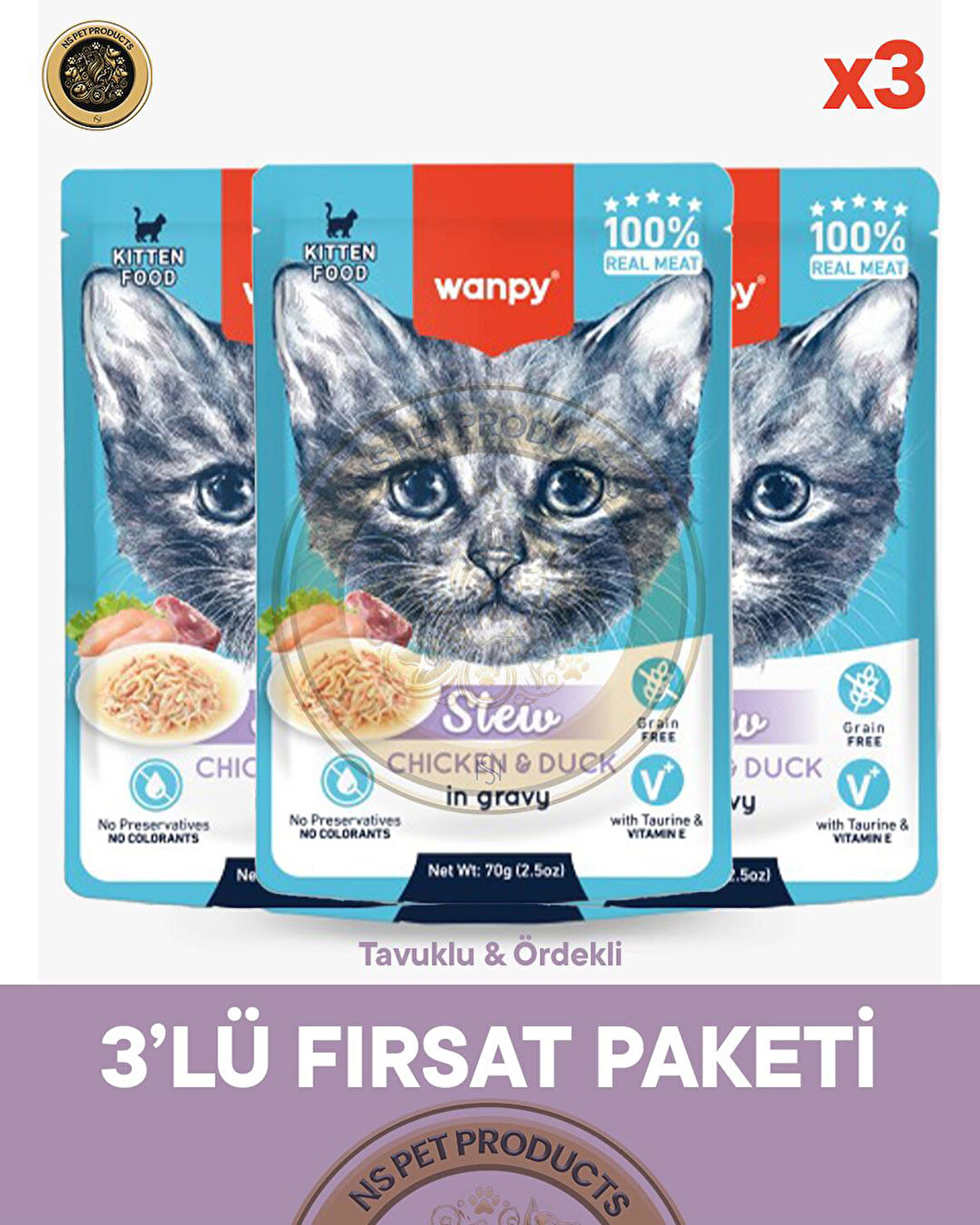 Wanpy Pouch Tavuk-Ördek Yaş Yavru Kedi Maması 3lü Fırsat 3x70gr