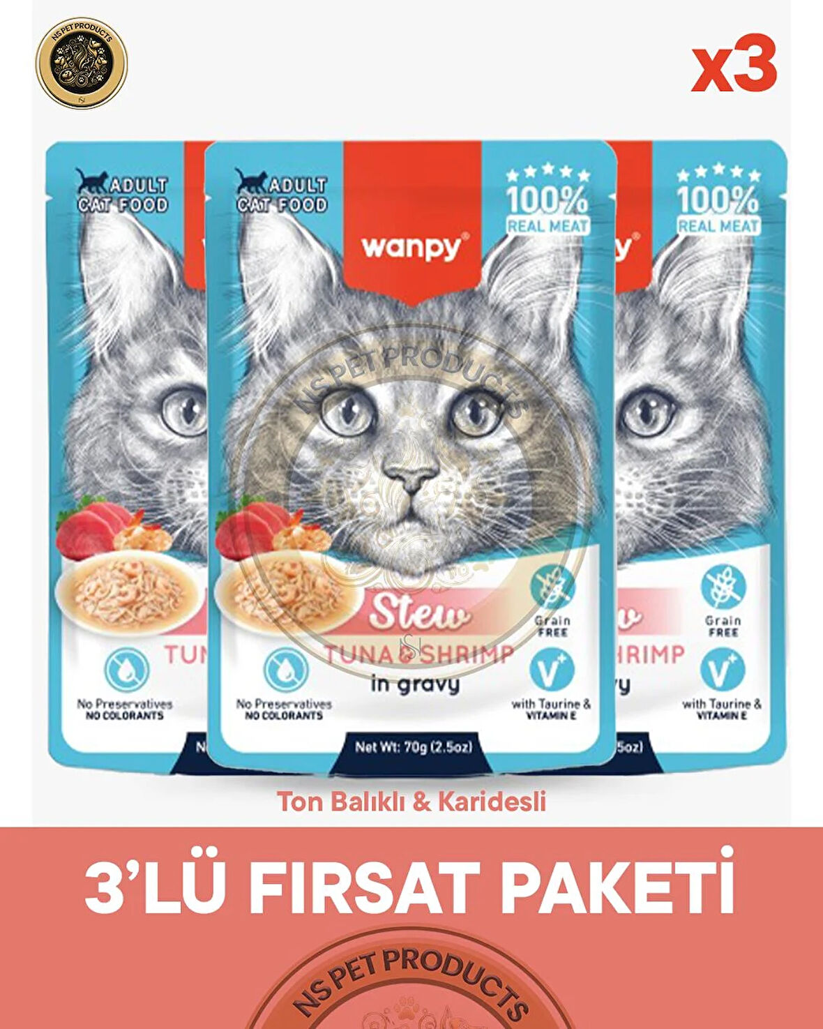 Wanpy Pouch Ton-Karides Yaş Kedi Maması 3lü Fırsat 3x70gr