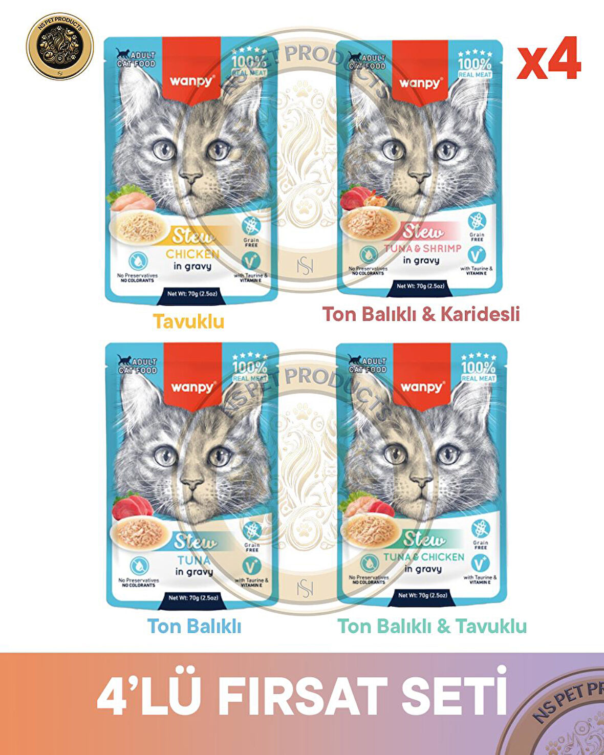 Wanpy Pouch 4lü Avantaj Paketi Yetişkin Yaş Kedi Maması 4x70gr