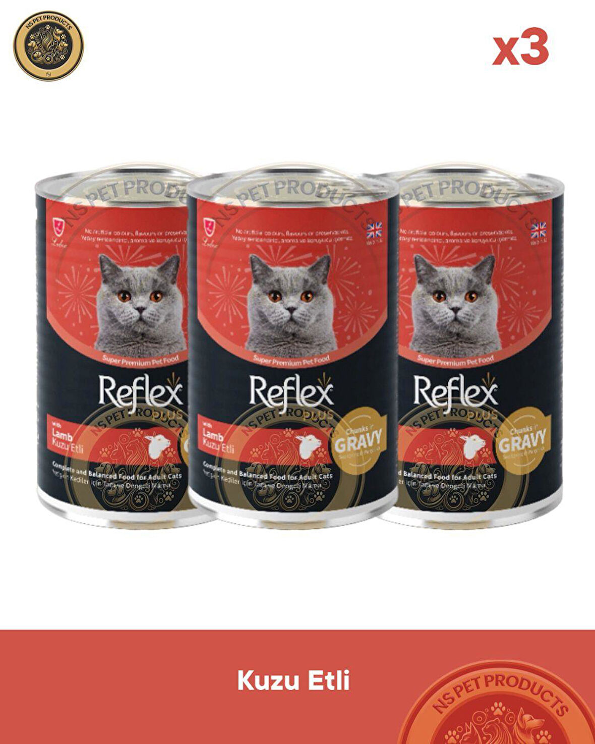Reflex Plus Sos İçinde Parça Kuzulu Yetişkin Kedi Konservesi 3X400gr