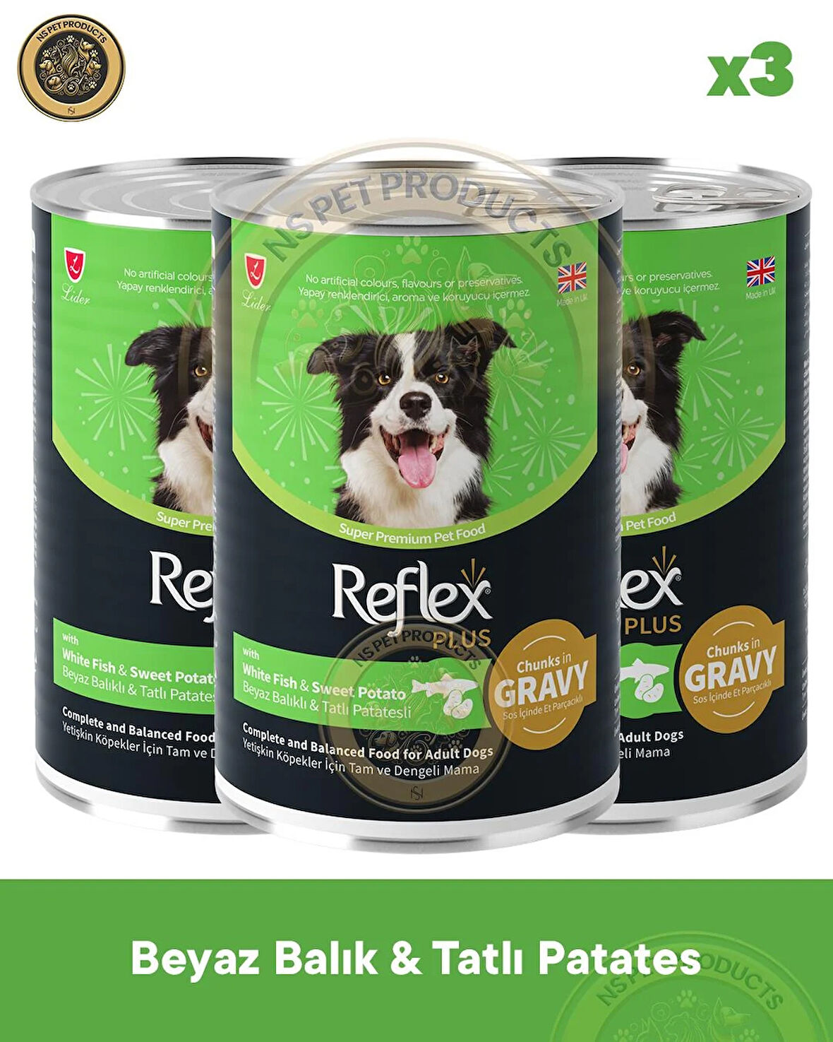 Reflex Plus Sos İçinde Et Parçacıklı Beyaz Balıklı ve Tatlı Patatesli Yetişkin Köpek Maması 3X400gr