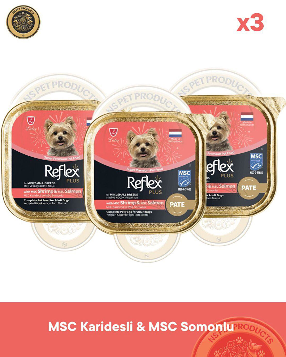 Reflex Plus Pate MSC Karidesli ve MSC Somonlu Mini ve Küçük Irklar için Yetişkin Köpek Maması 3X85 g