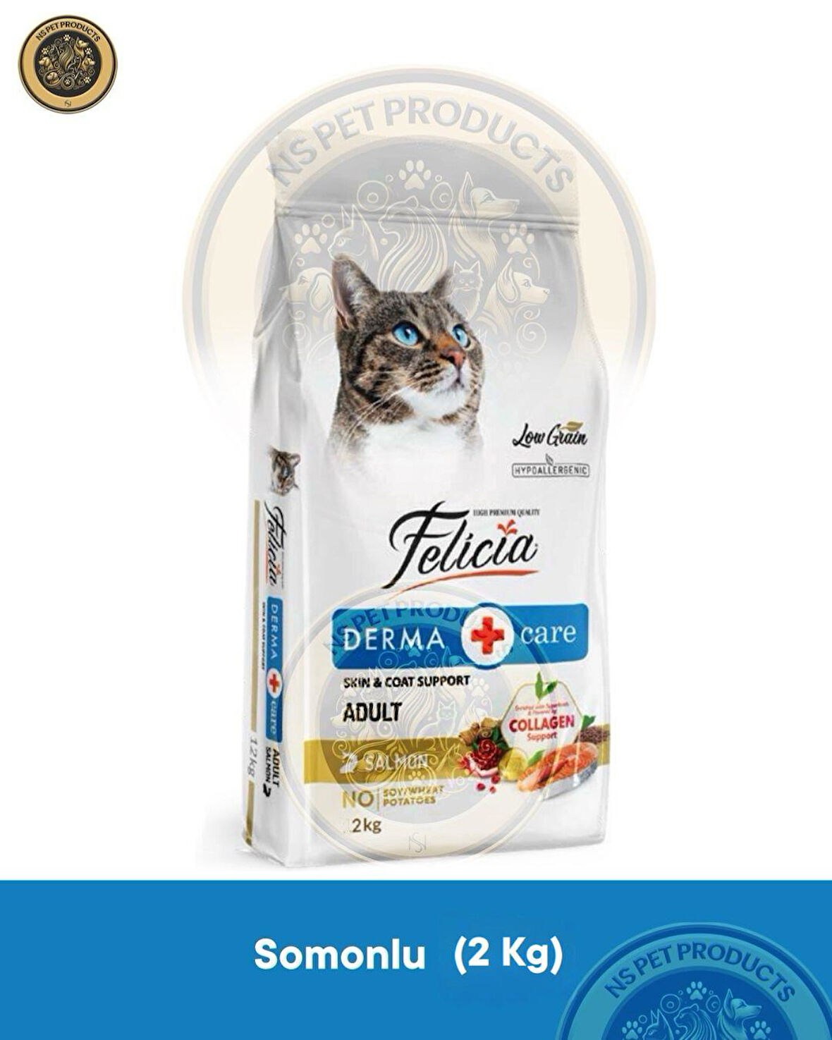 Felicia Derma Care Adult Salmon-Collagen 2kg (Az Tahıllı & HipoalerjenikSomonlu Yetişkin Kedi Maması)