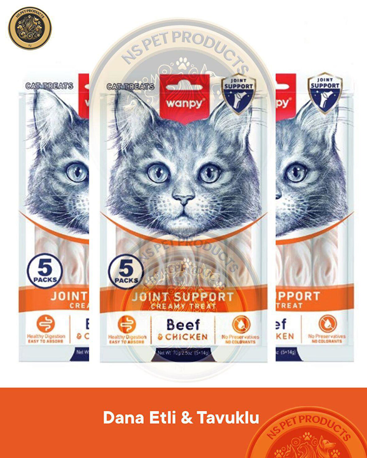 Wanpy Bone Support Sığır Eti-Tavuk kedi Krema Ödülü 5x14gr 3lü set