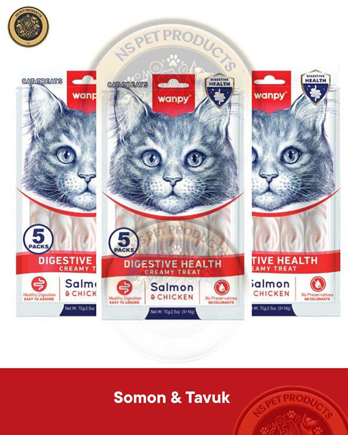 Wanpy Digestive Health Somon Balığı-Tavuk Kedi Krema Ödülü 5x14gr 3lü Set
