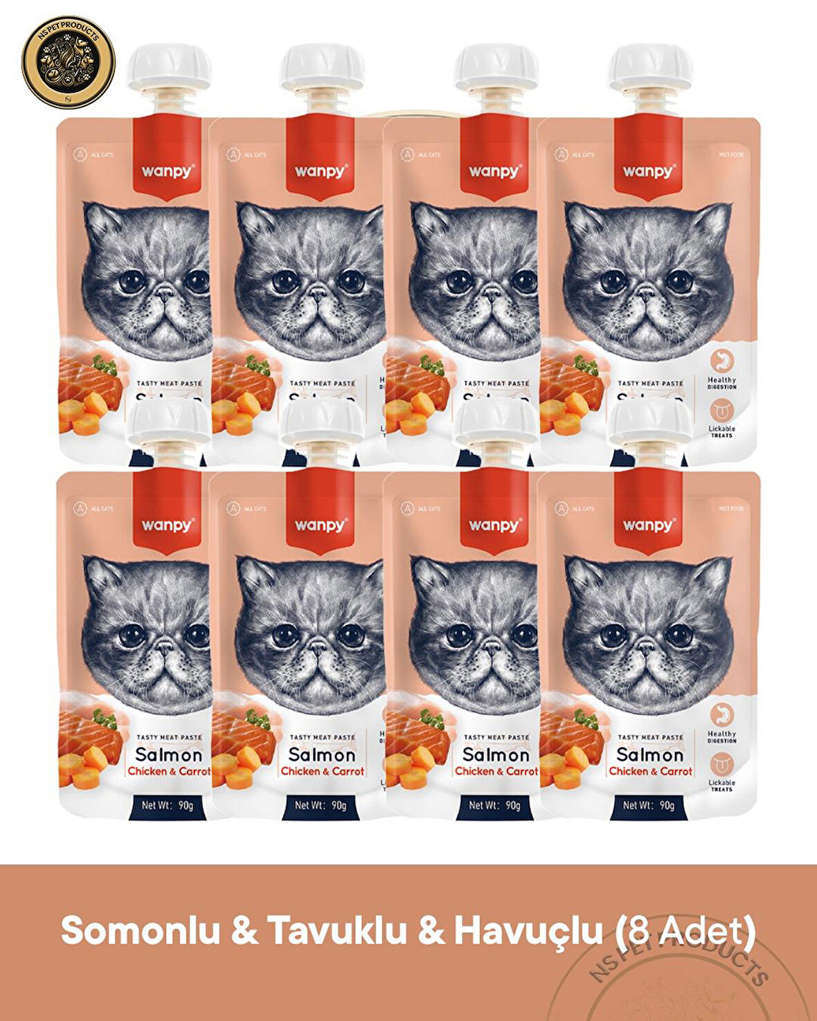 Wanpy Somonlu, Tavuklu ve Havuçlu Kedi Et Ezmesi 8'li – 90 g × 8 Paket