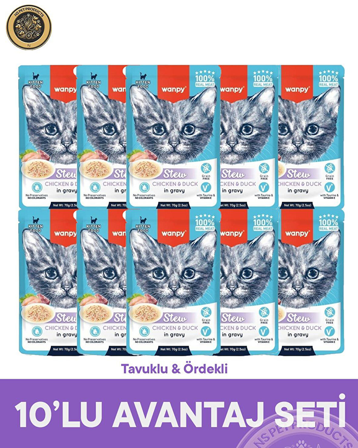 Wanpy Pouch Tavuk-Ördek Yaş Yavru Kedi Maması 10x70gr