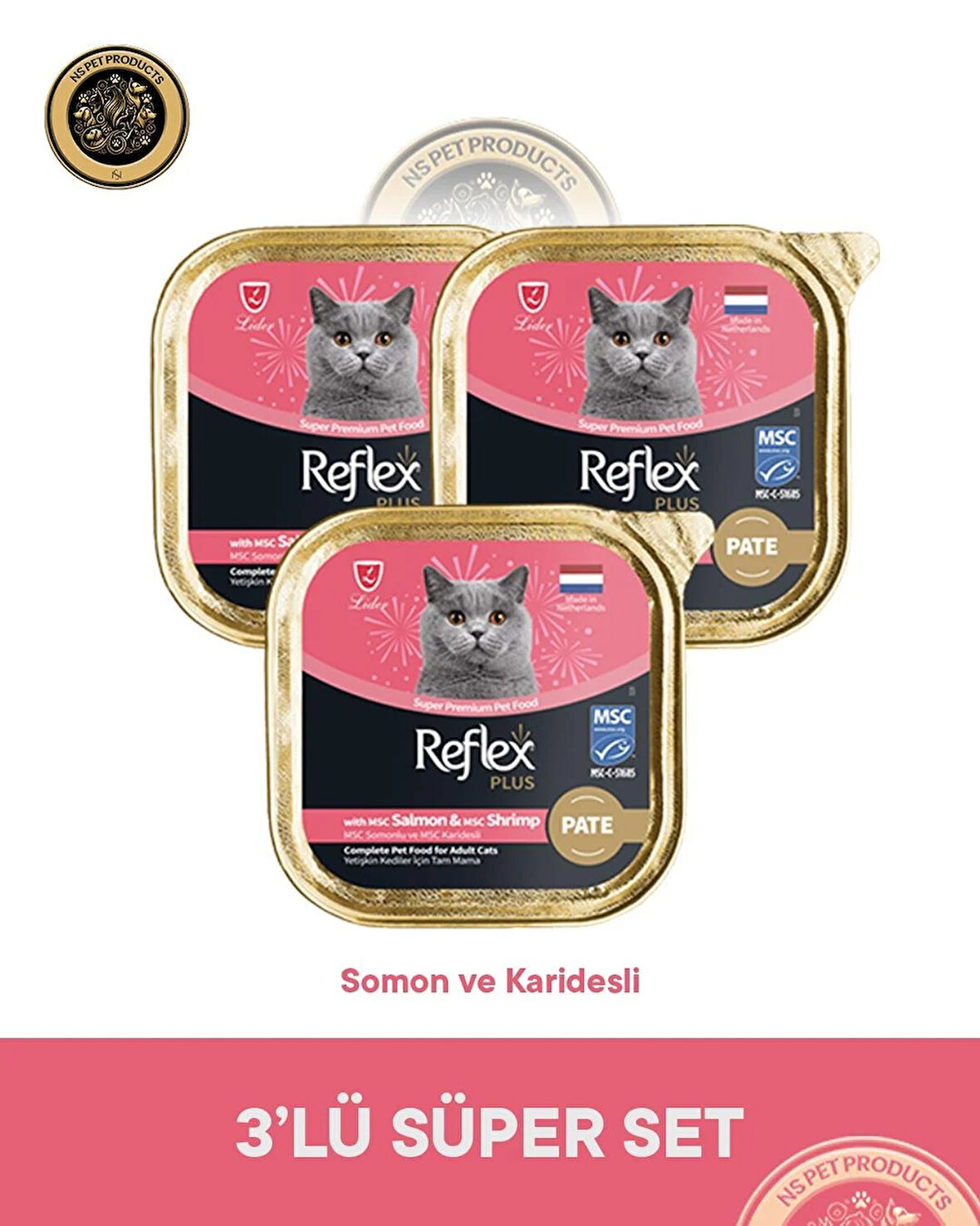 Reflex Plus Pate Somon ve Karidesli Yetişkin Kedi Maması – 3 × 85 g