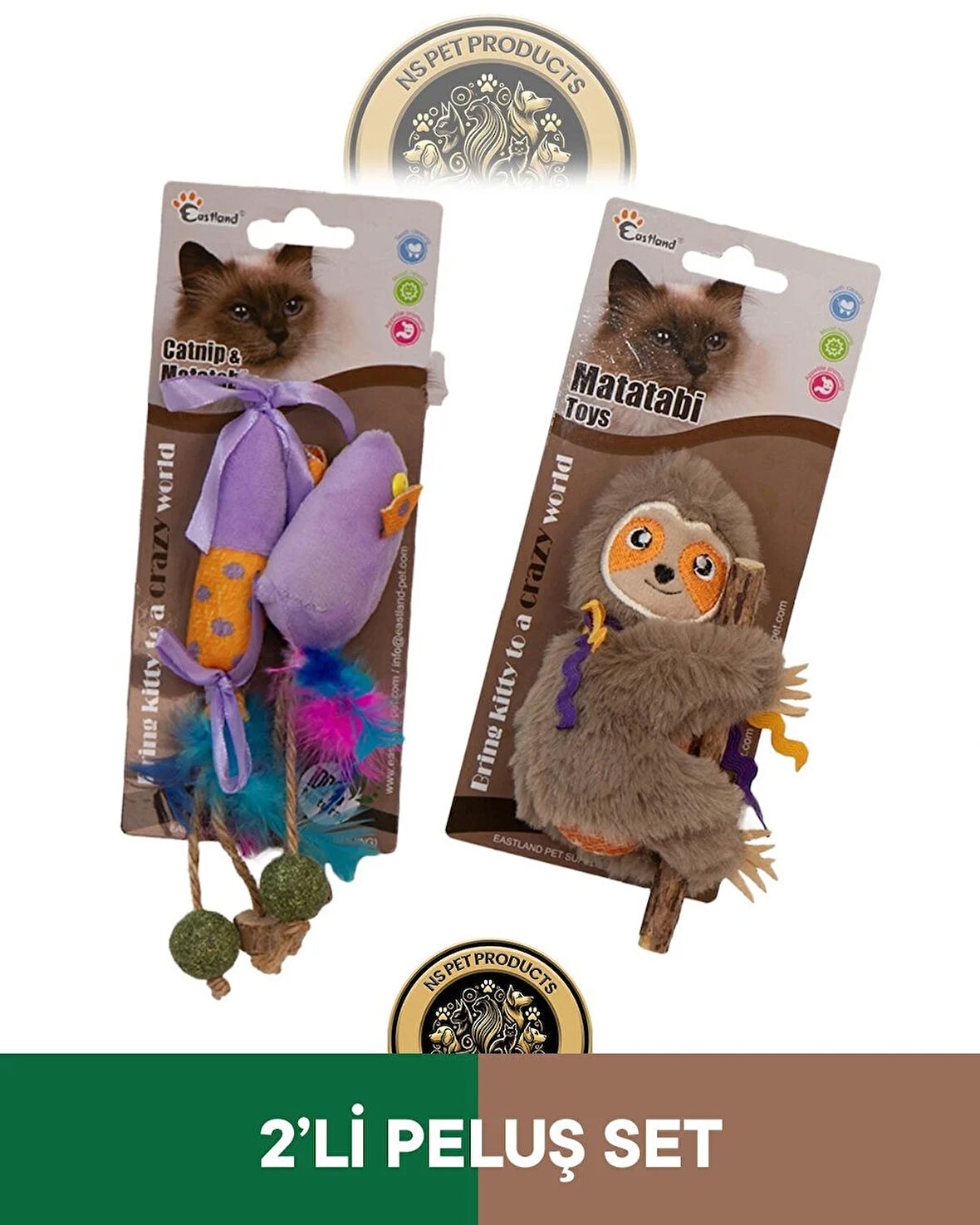 Eastland Catnipli Peluş Tembel Hayvan-Matatabive Catnipli Peluş Fare ve Şekerli Oyuncak 2'li Set
