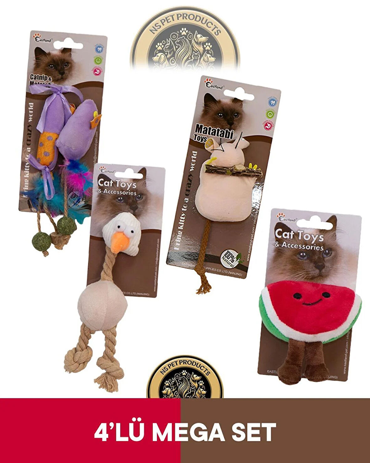 Eastland Matatabive Catnipli Peluş Fare ve Şekerli-Catnipli Peluş Tavuk-Matatabili Peluş Fare-Catnipli Hışırtılı Peluş Karpuz Oyuncak 4'lü Set