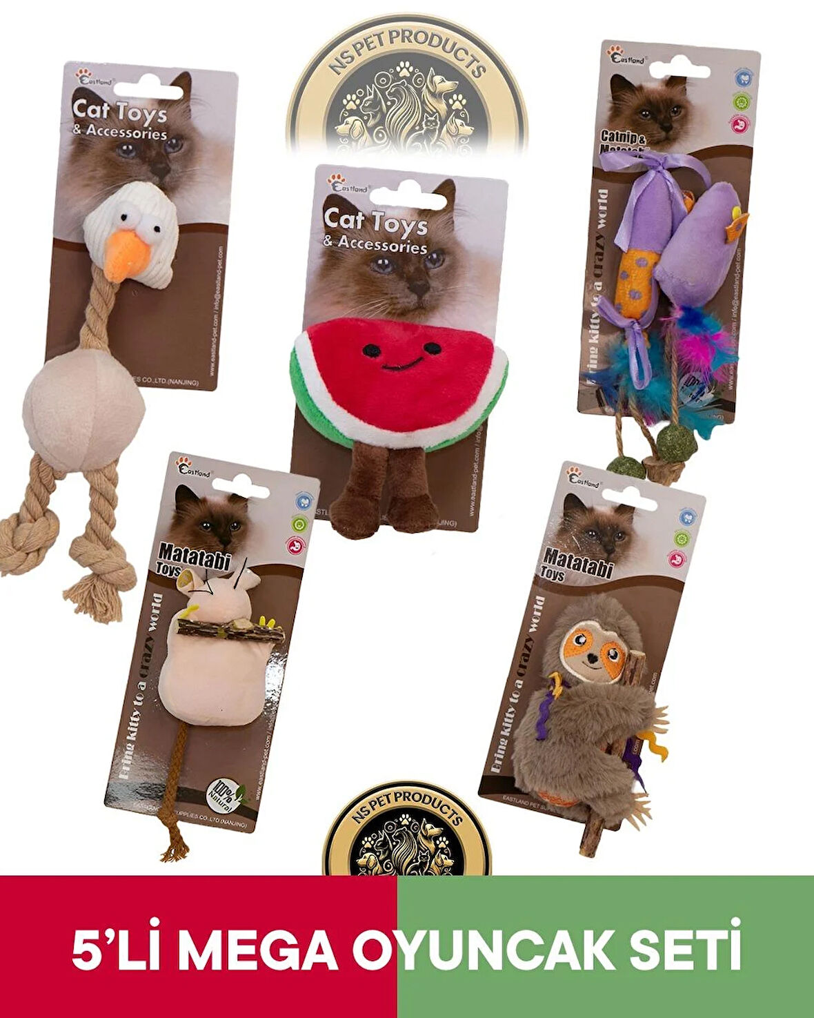 Eastland Catnipli Peluş Tavuk -Matatabili Fare-Catnipli Karpuz-Tembel Hayvan-Matatabive Catnipli Fare ve Şekerli Oyuncak 5'li Set