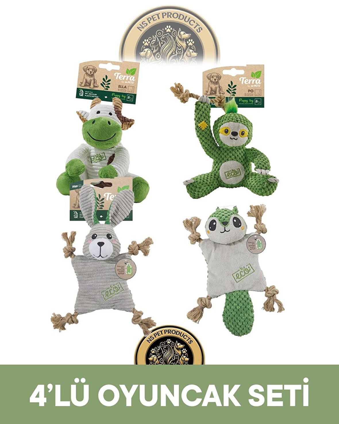 M-Pets Terra Eco Ella Puppy (İnek)-Po Puppy (Tembel Hayvan)-Lulu Puppy (Tavşan)-Pip Puppy (Sincap) Köpek Oyuncağı 4'lü Set
