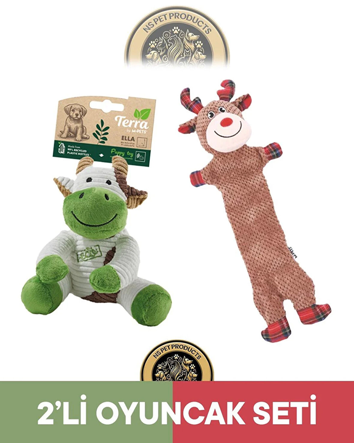 M-Pets Terra Eco Ella Puppy (İnek)-Christmas Prancer (Geyik) Köpek Oyuncağı 2'li Set