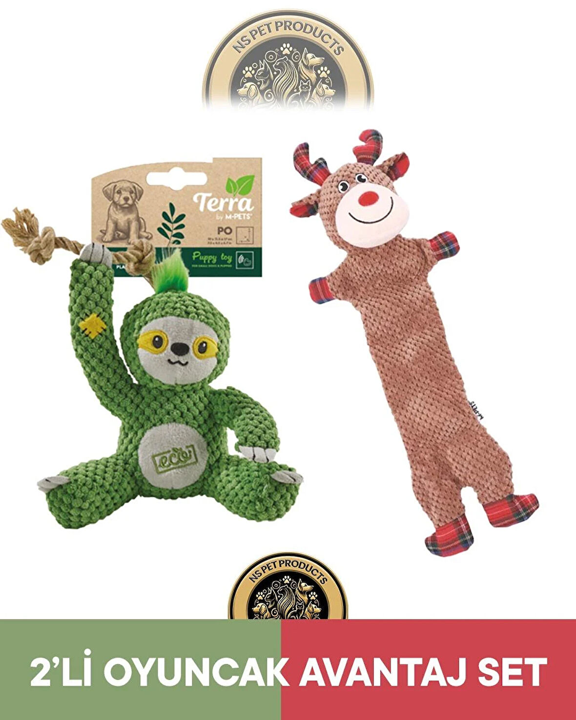M-Pets Terra Eco Po Puppy (Tembel Hayvan)-Christmas Prancer (Geyik) Köpek Oyuncağı 2'li Set
