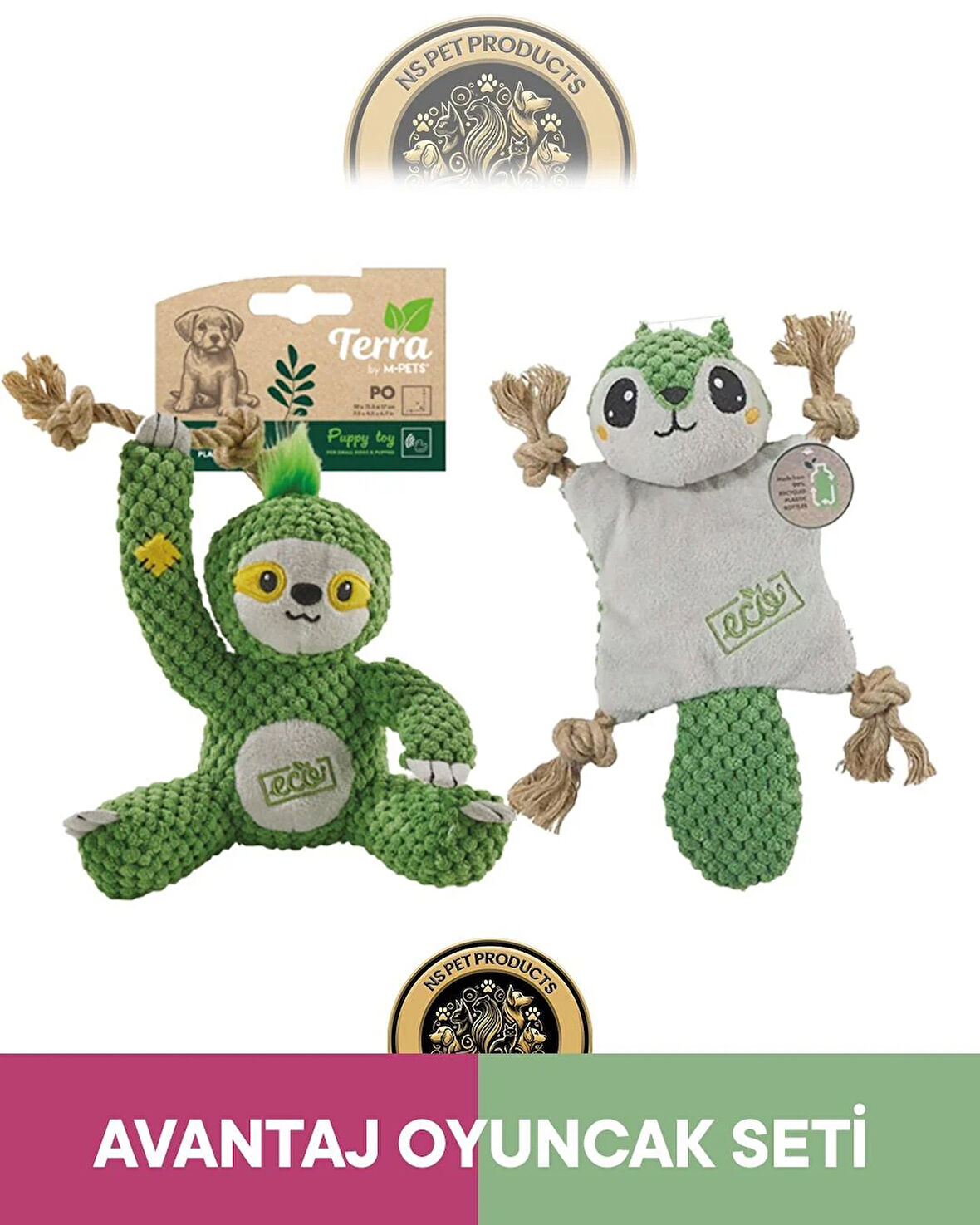 M-Pets Terra Eco Pip Puppy (Sincap)-Po Puppy (Tembel Hayvan) Köpek Oyuncağı 2'li Set