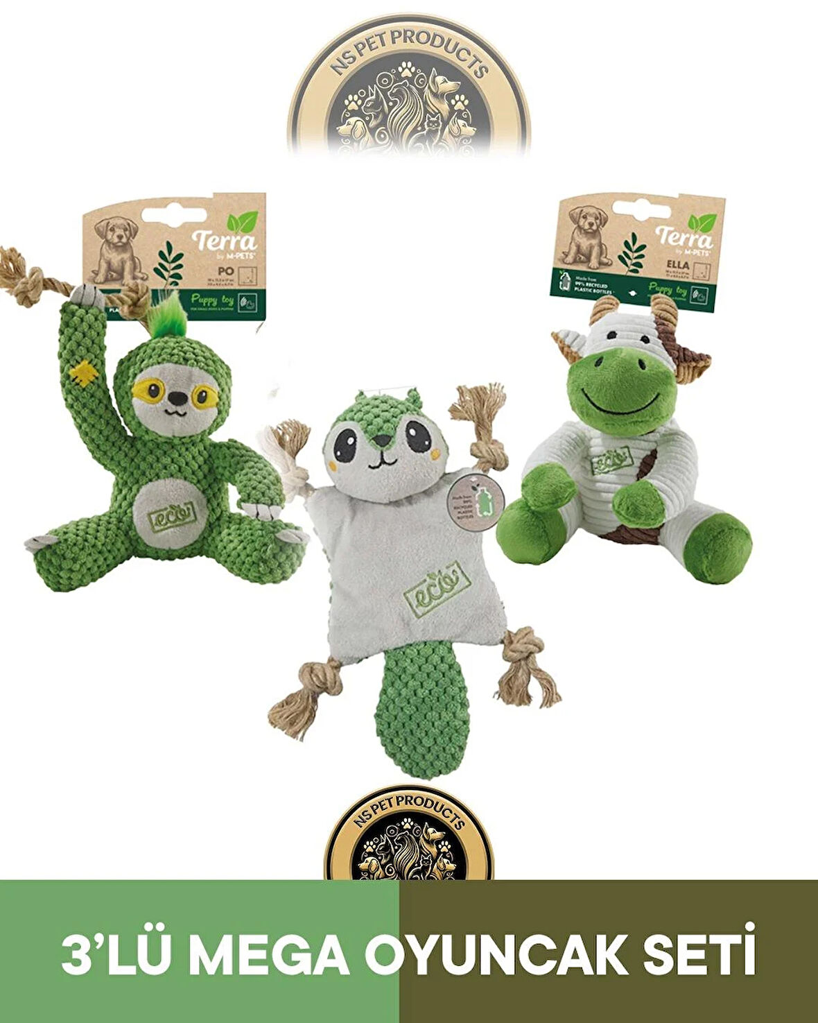 M-Pets Terra Eco Ella Puppy (İnek)-Pip Puppy (Sincap)-Po Puppy (Tembel Hayvan) Köpek Oyuncağı 3'lü Set