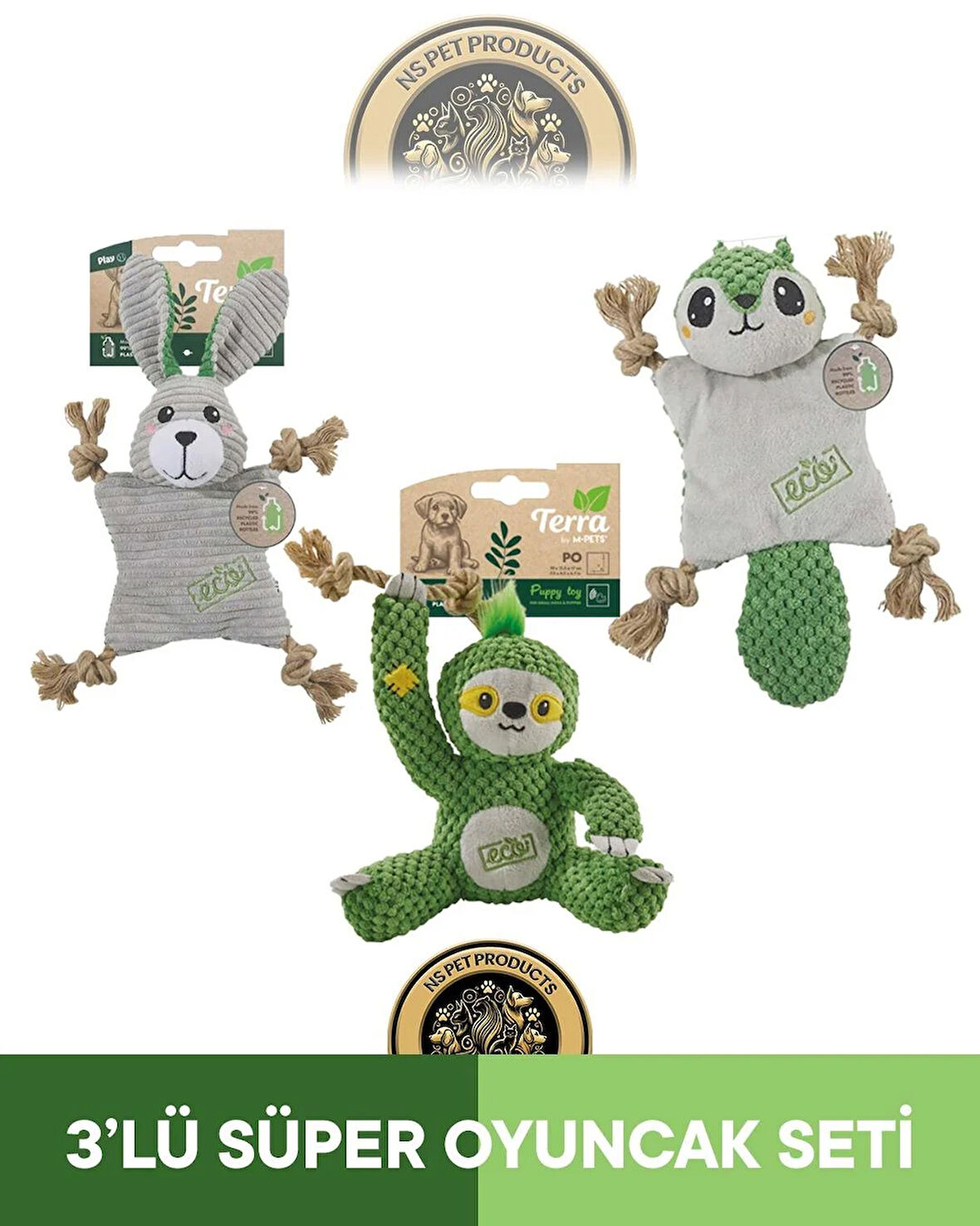 M-Pets Terra Eco Pip Puppy (Sincap)-Köpek Oyuncağı (Tembel Hayvan)-Lulu Puppy (Tavşan) Köpek Oyuncağı 3'lü Set