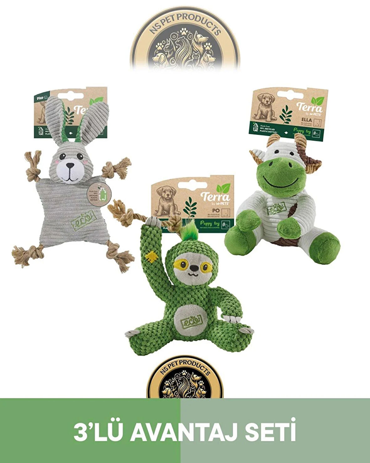 M-Pets Terra Eco Ella Puppy (İnek)-Po Puppy (Tembel Hayvan)-Lulu Puppy (Tavşan) Köpek Oyuncağı 3'lü Set