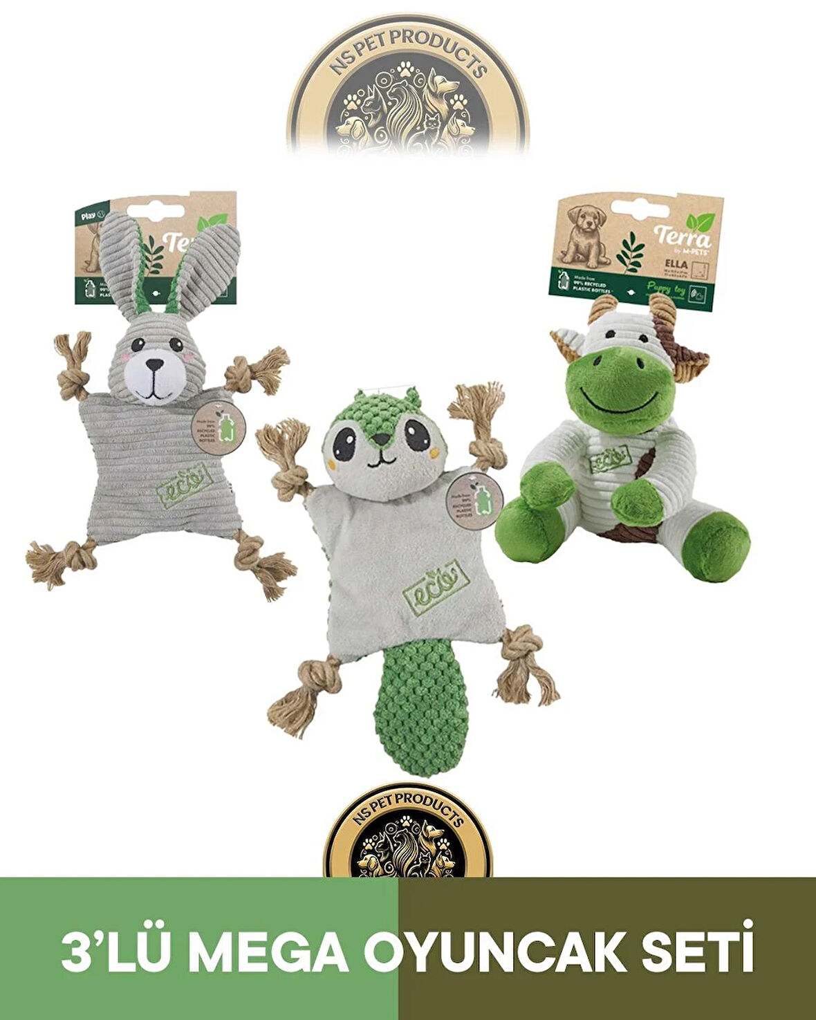 M-Pets Terra Eco Ella Puppy (İnek)-Pip Puppy (Sincap)-Lulu Puppy (Tavşan) Köpek Oyuncağı 3'lü Set