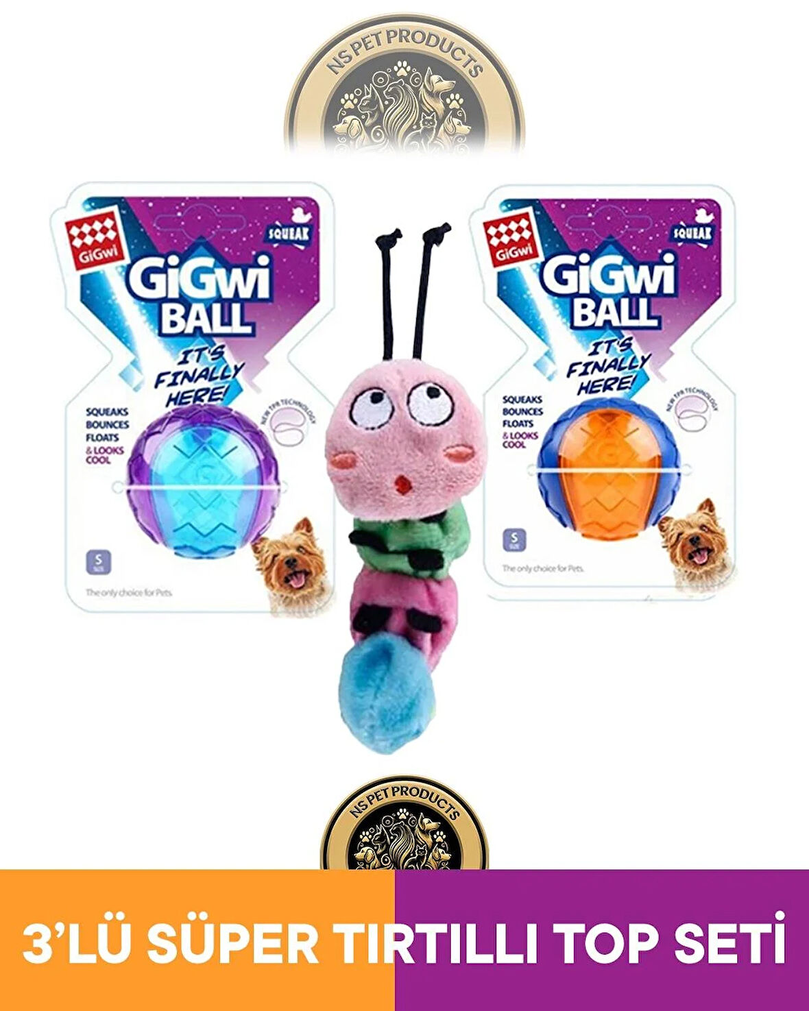 Gigwi Ball Sert Top 5 Cm Şeffaf-Turuncu-Catnipli Tırtıl Oyuncak 3'lü Set