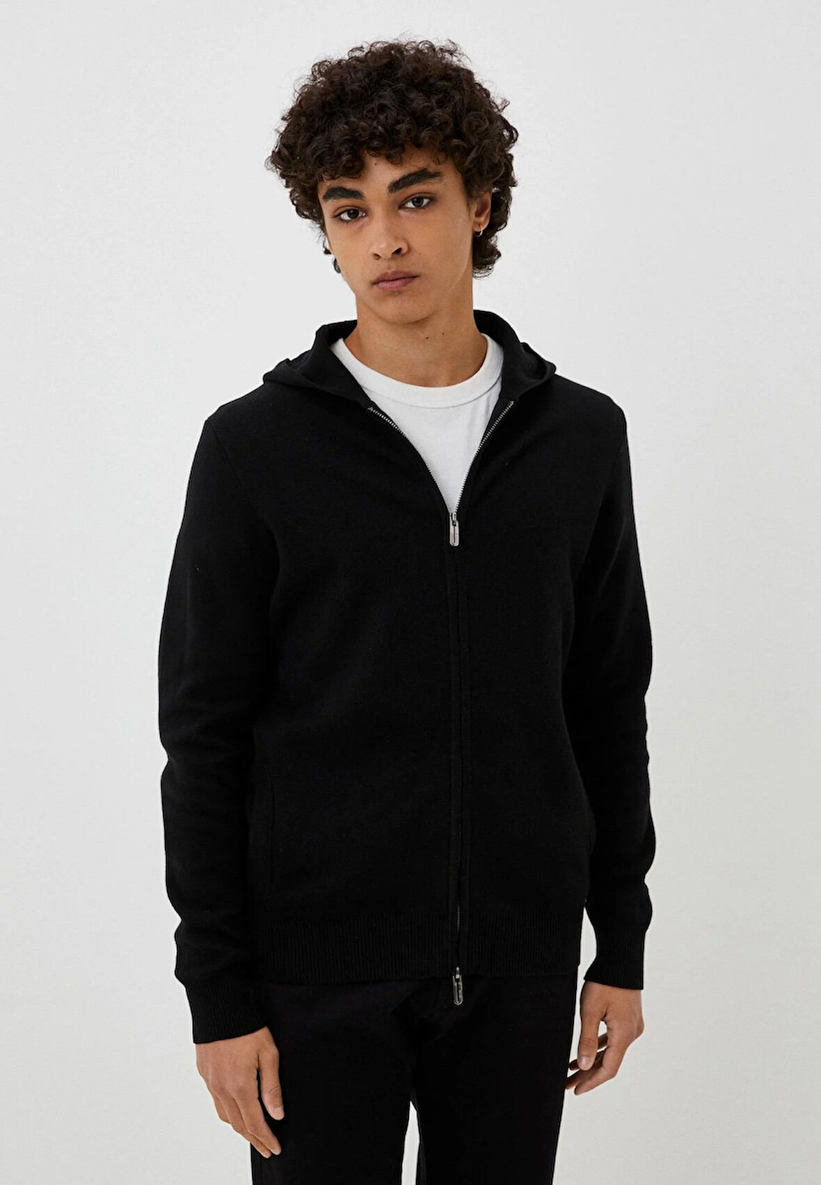 Erkek Hırka Siyah Pamuklu Çift Fermuarlı Kapüşonlu Sık Örme Slim Fit Hırka 3720