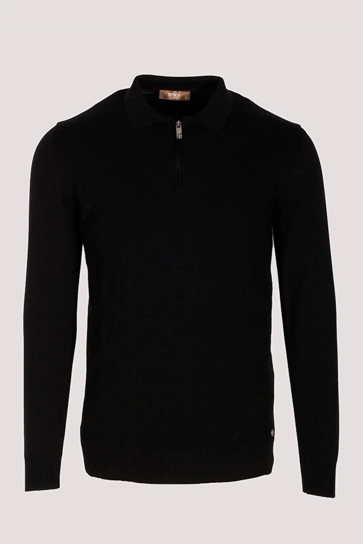 Erkek Polo Yaka Triko Siyah Slim Fit Yarım Fermuarlı Balık Sırt Desenli Pamuklu Kazak NCS JEANS 3006