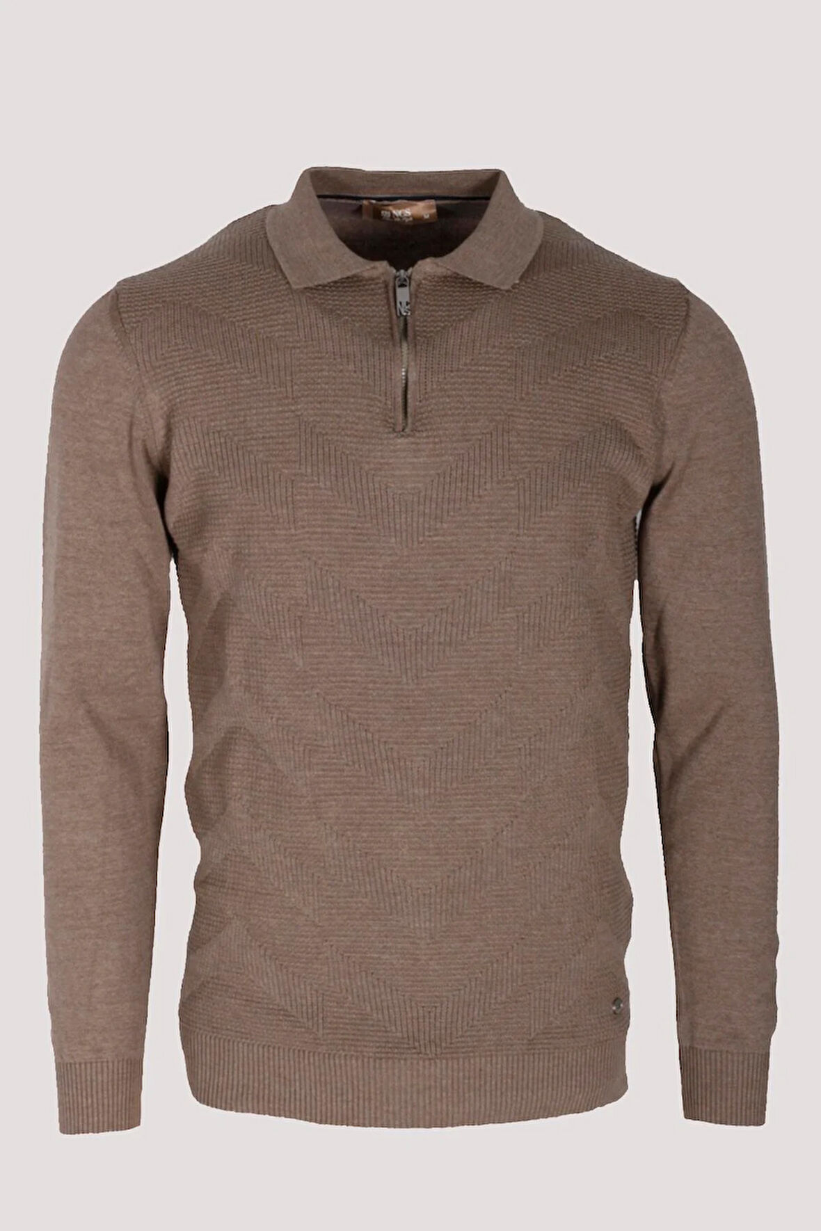 Erkek Polo Yaka Triko Vizonmelanj  Slim Fit Yarım Fermuarlı Balık Sırt Desenli Pamuklu Kazak NCS JEANS 3006