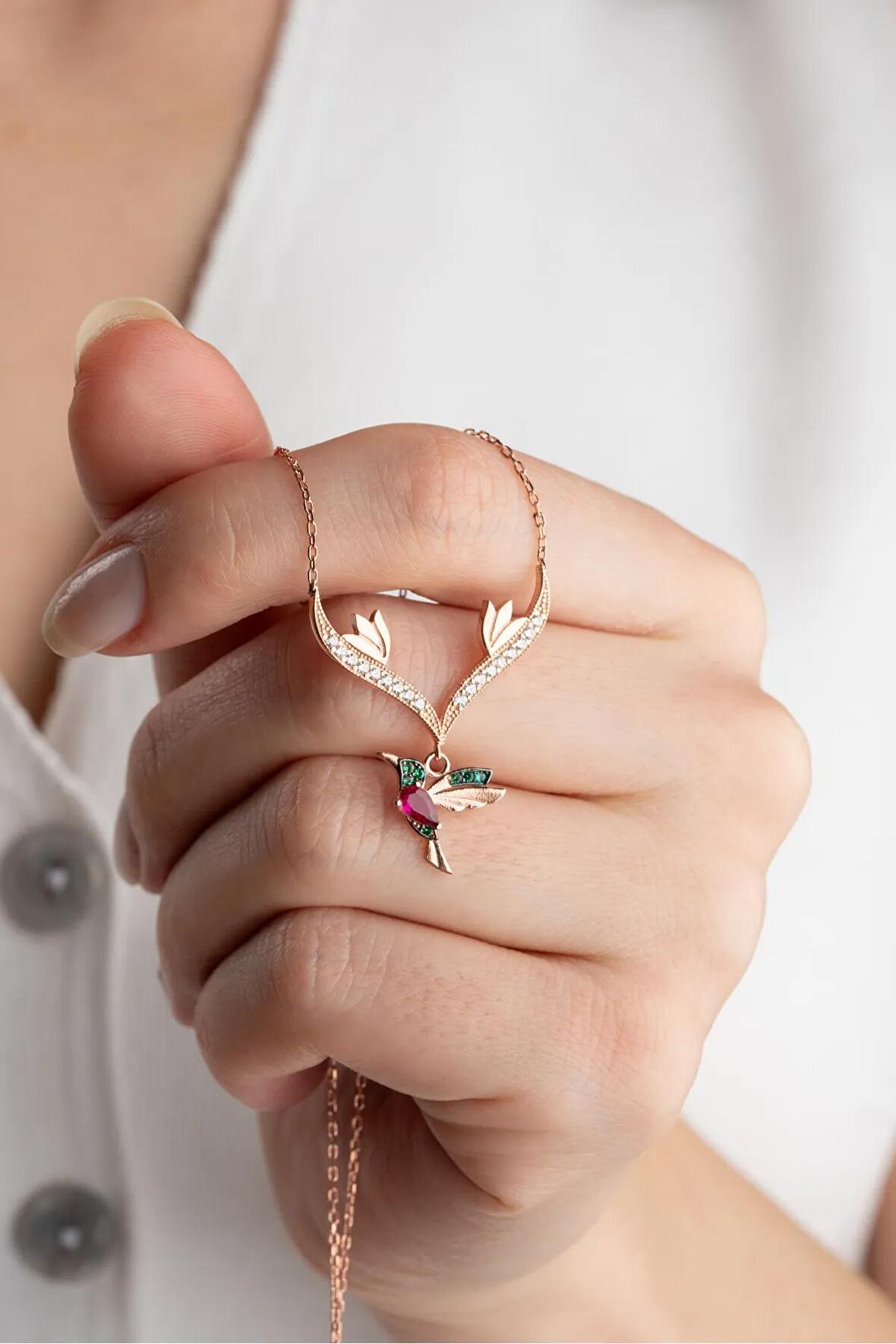 925 Ayar Gümüş Sallantılı Rose Arı Kuşu Kolye